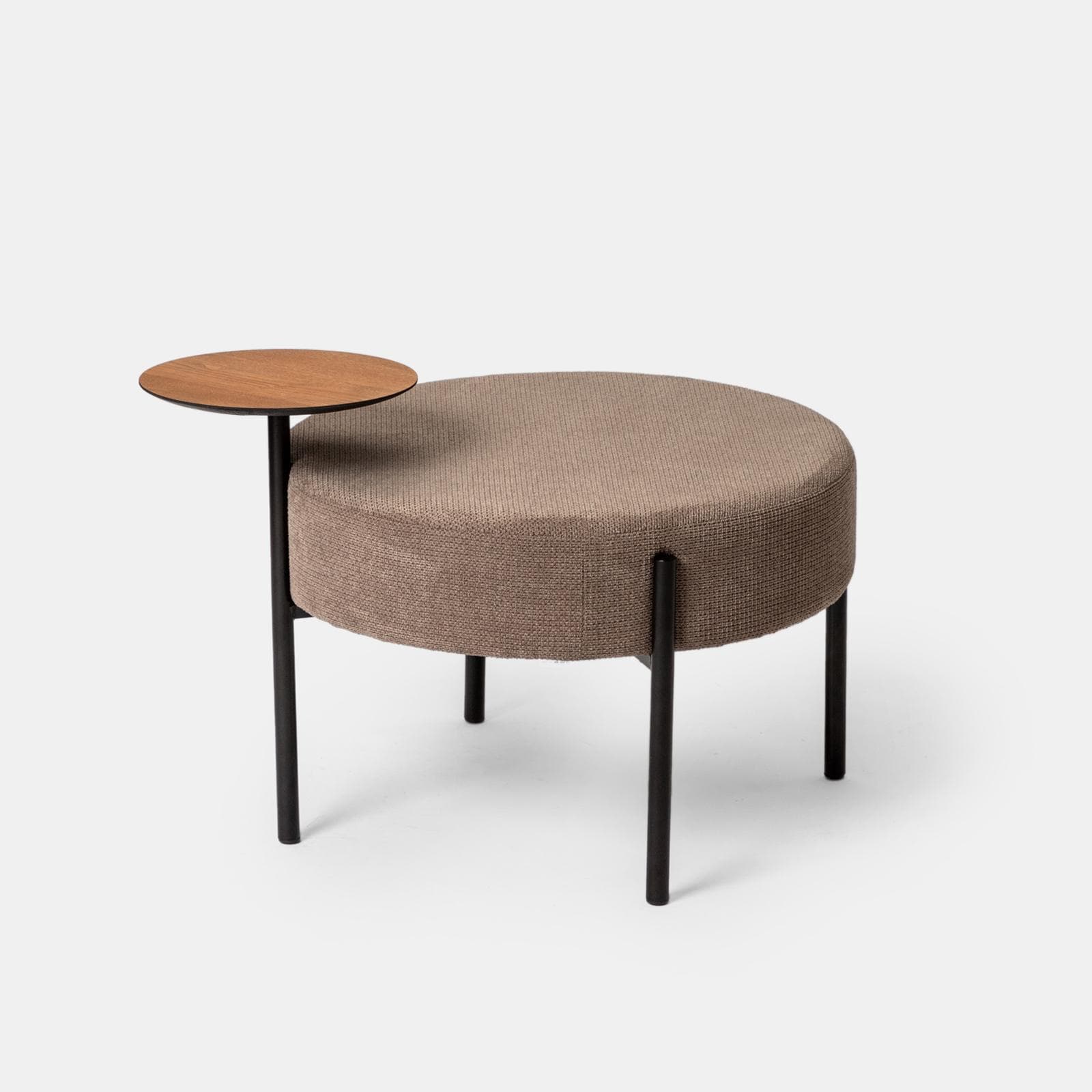 Pouf rotondo 64 cm in maglia tortora con tavolino effetto legno - Farel