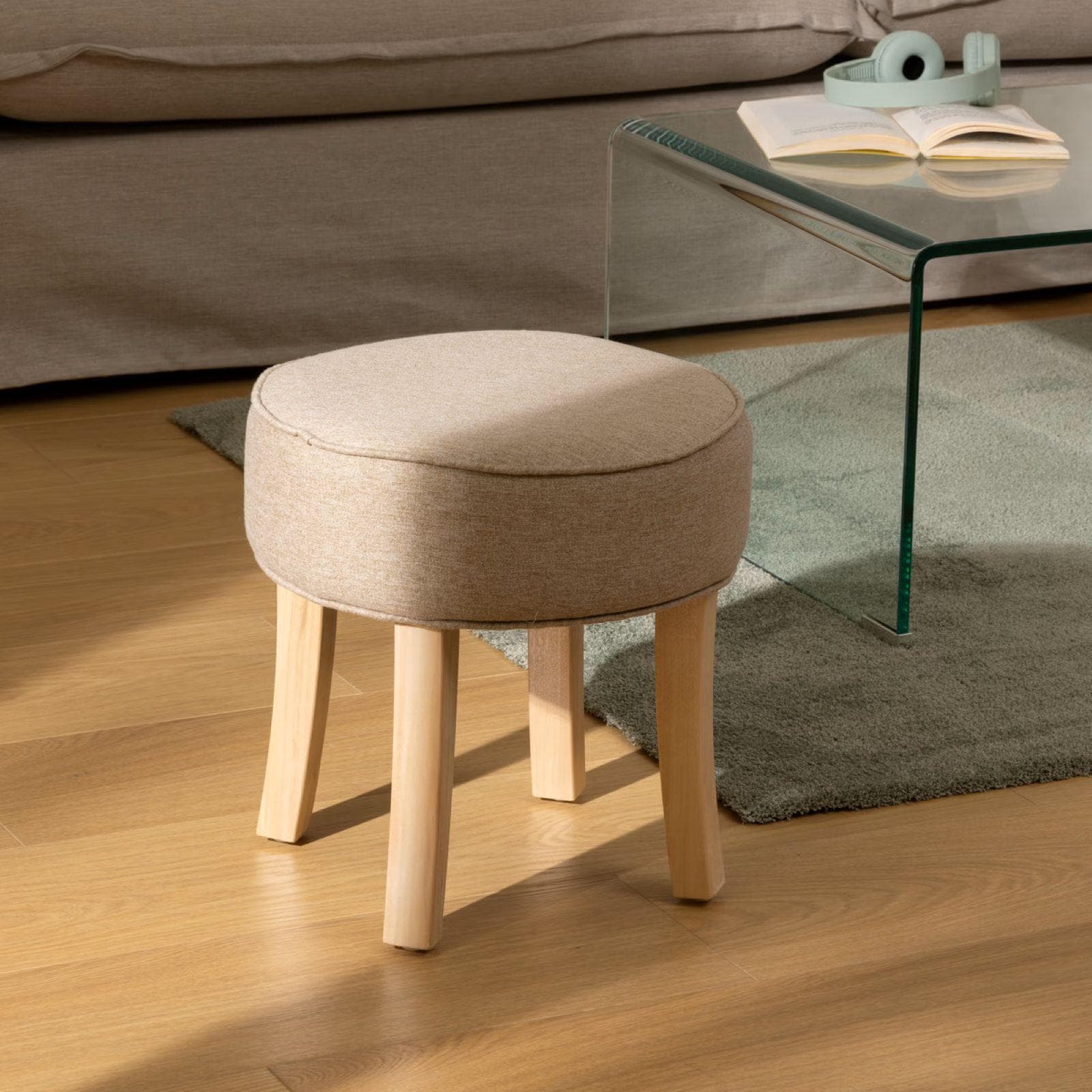 Pouf rotondo 35 cm in tessuto tortora e gambe in legno - Ysabel