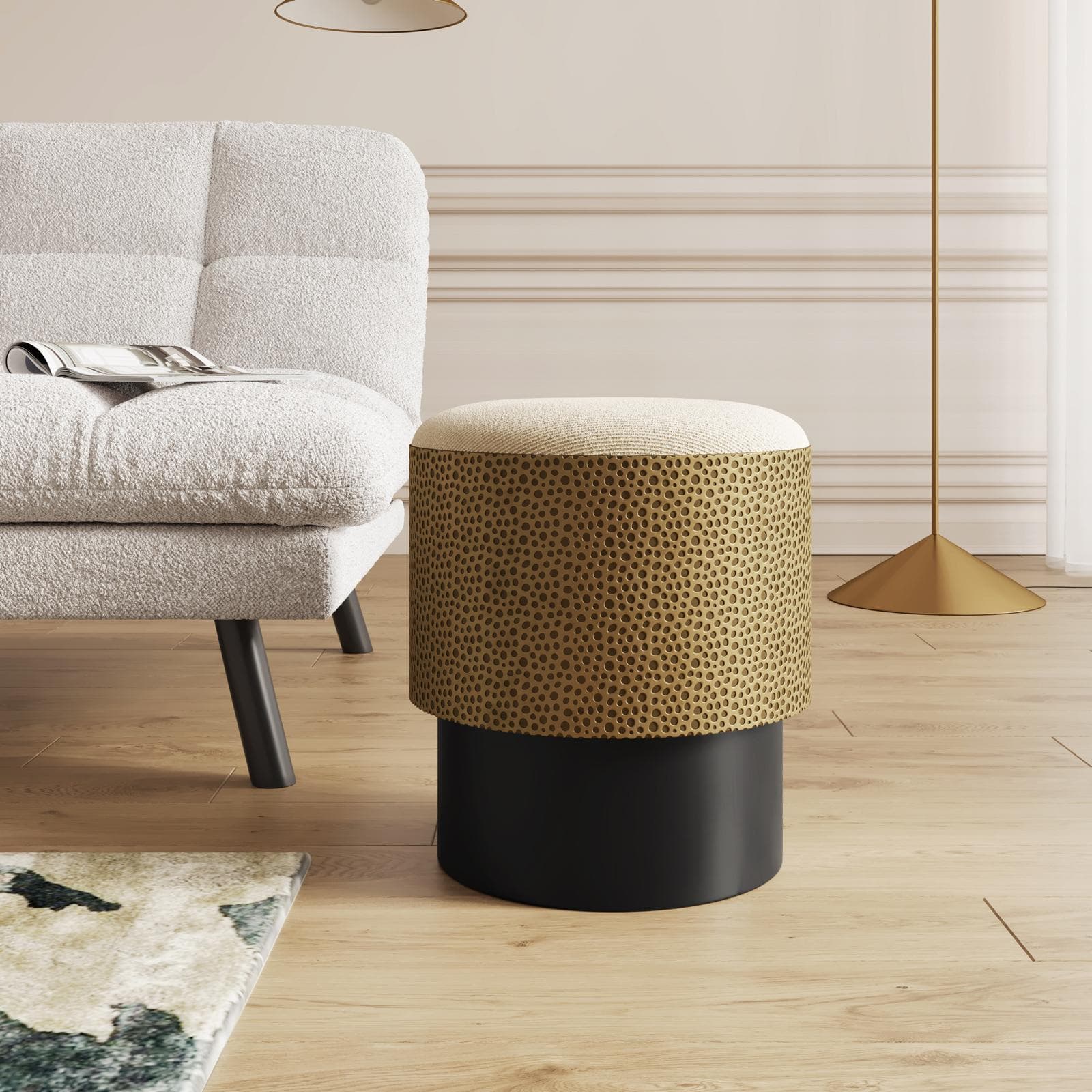 Pouf rotondo 37 cm in ferro oro martellato e base nera con cuscino - Darian