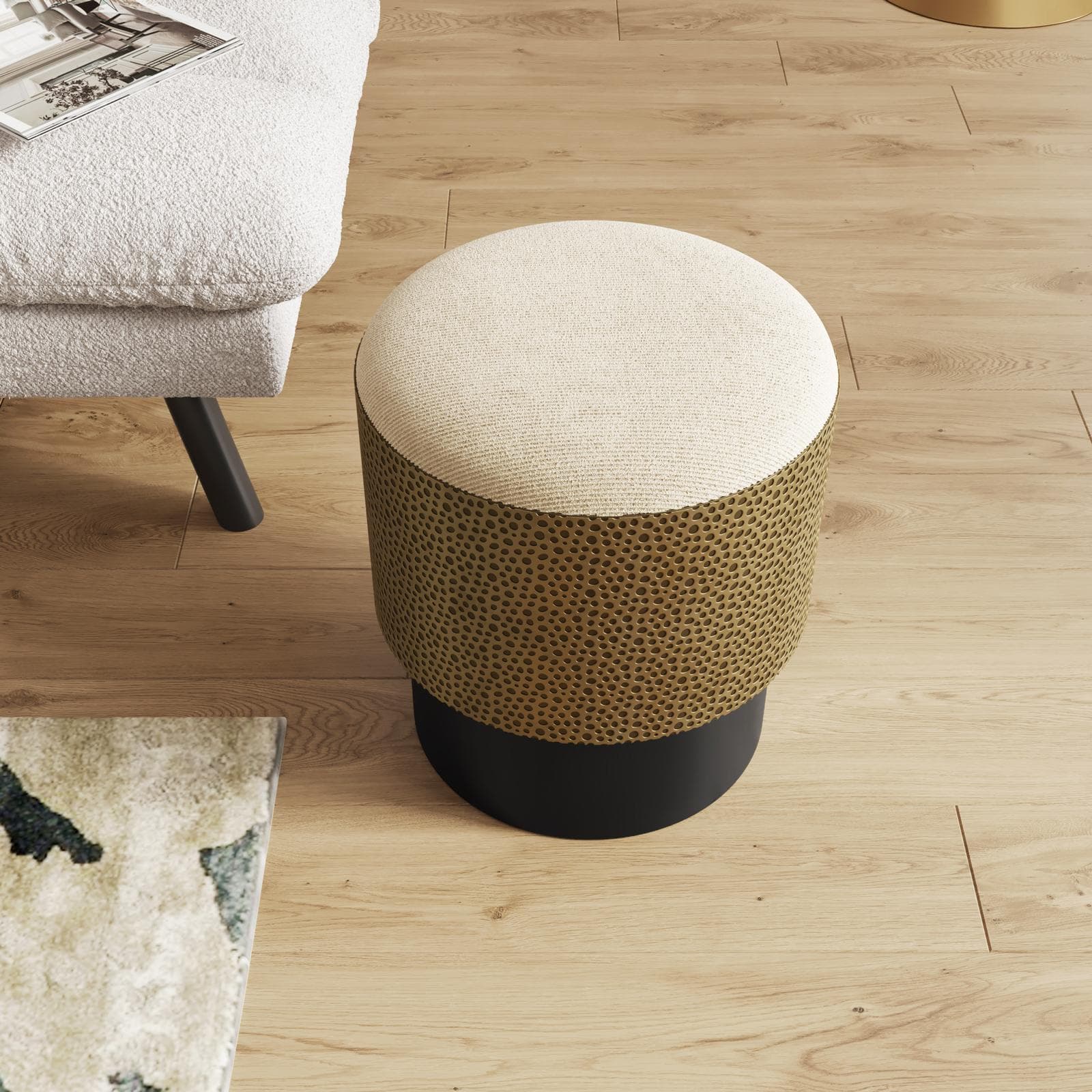 Pouf rotondo 37 cm in ferro oro martellato e base nera con cuscino - Darian