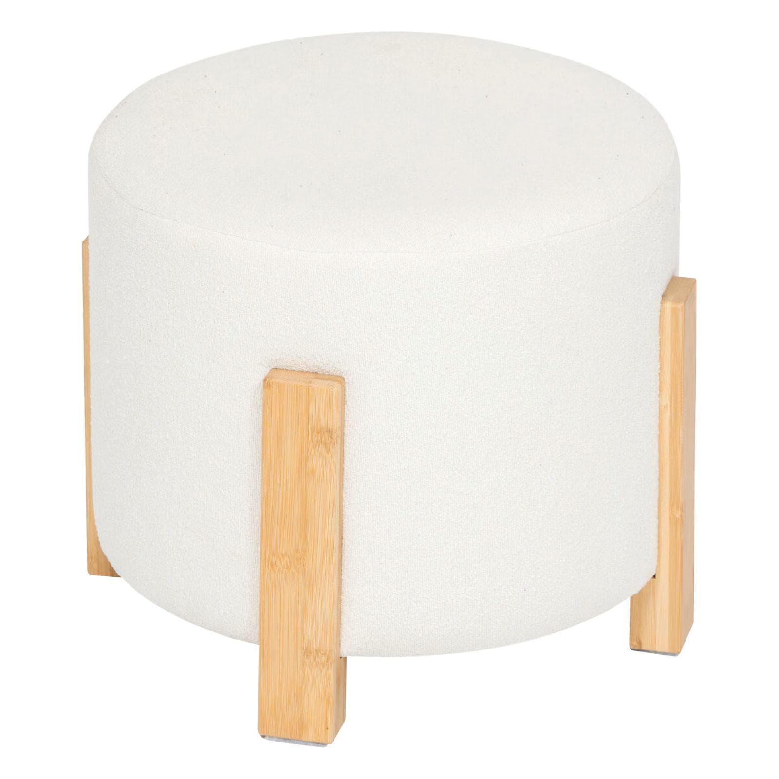 Pouf rotondo 37 cm in tessuto bouclé bianco e gambe in legno - Ynuit