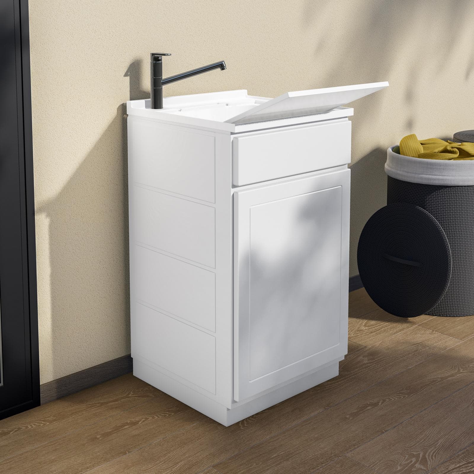 Mobile lavatoio per interno o esterno 50x50 anta + vasca e asse lavapanni