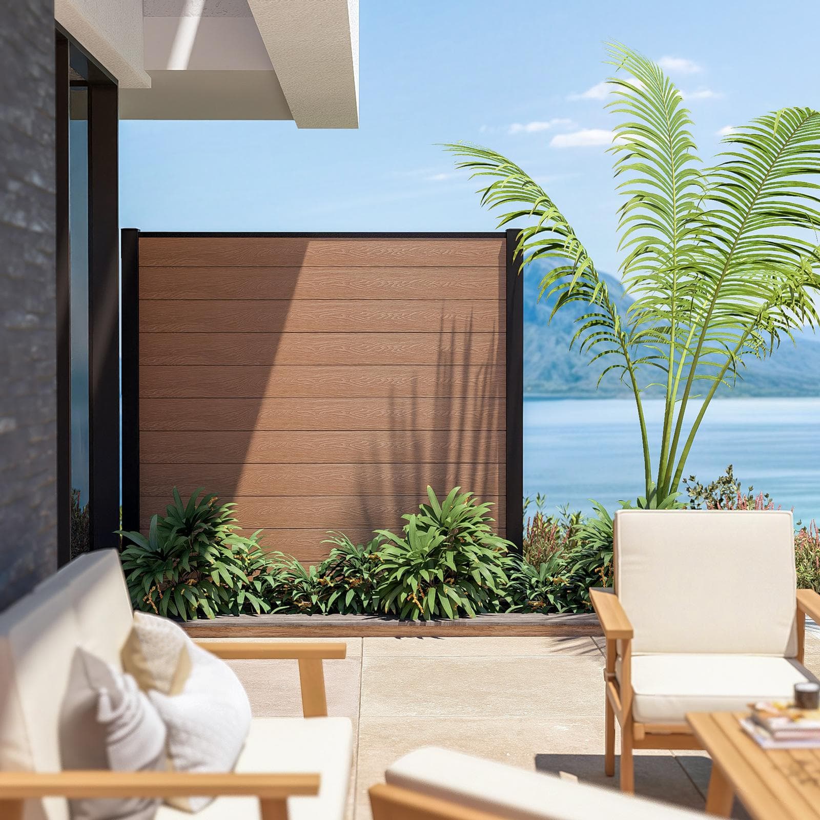 Recinzione modulare da esterno singola 190x8x180h cm in alluminio nero e doghe in wpc effetto legno teak - Sylver