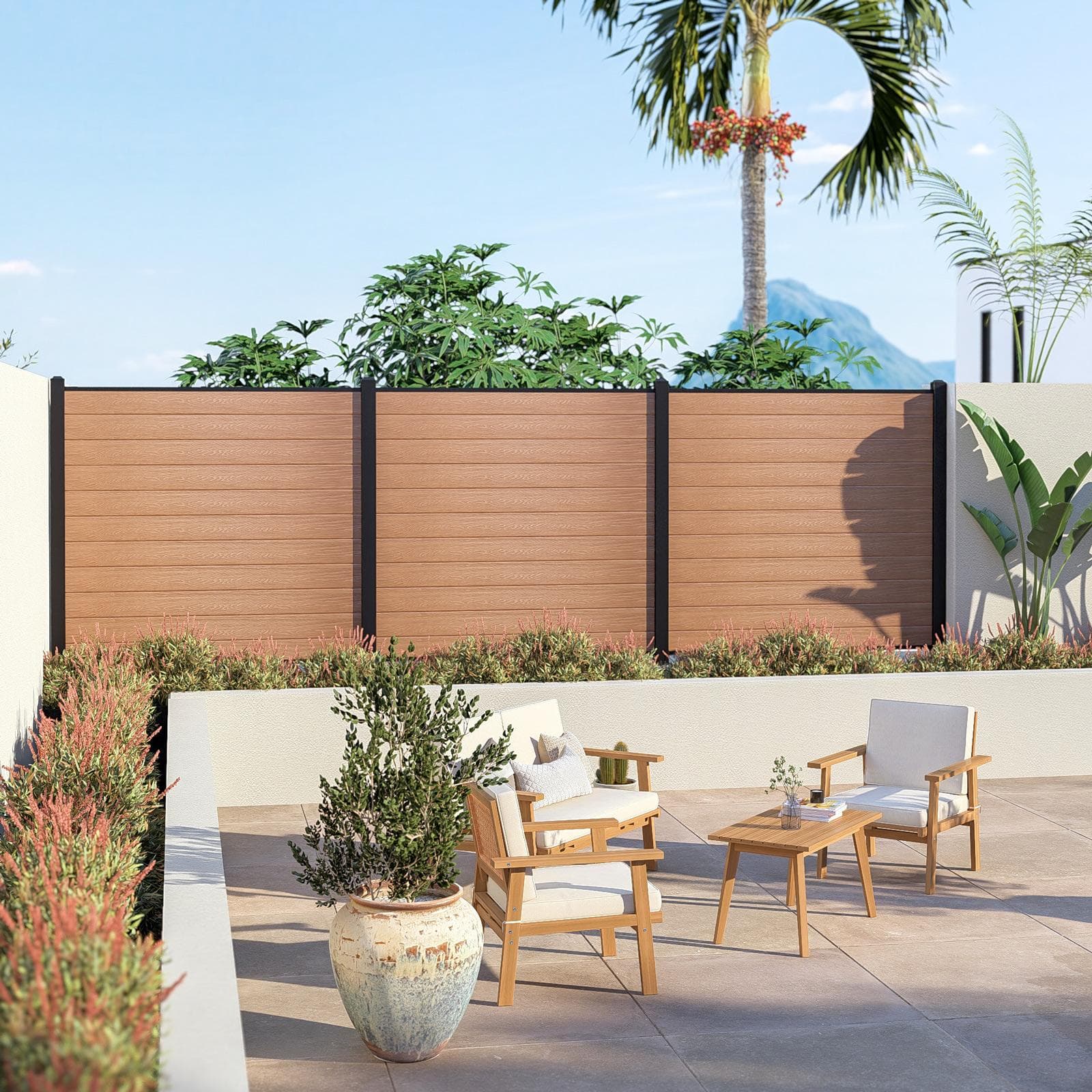 Recinzione modulare da esterno tripla 560x8x180 h cm in alluminio nero e doghe in wpc effetto legno teak - Sylver
