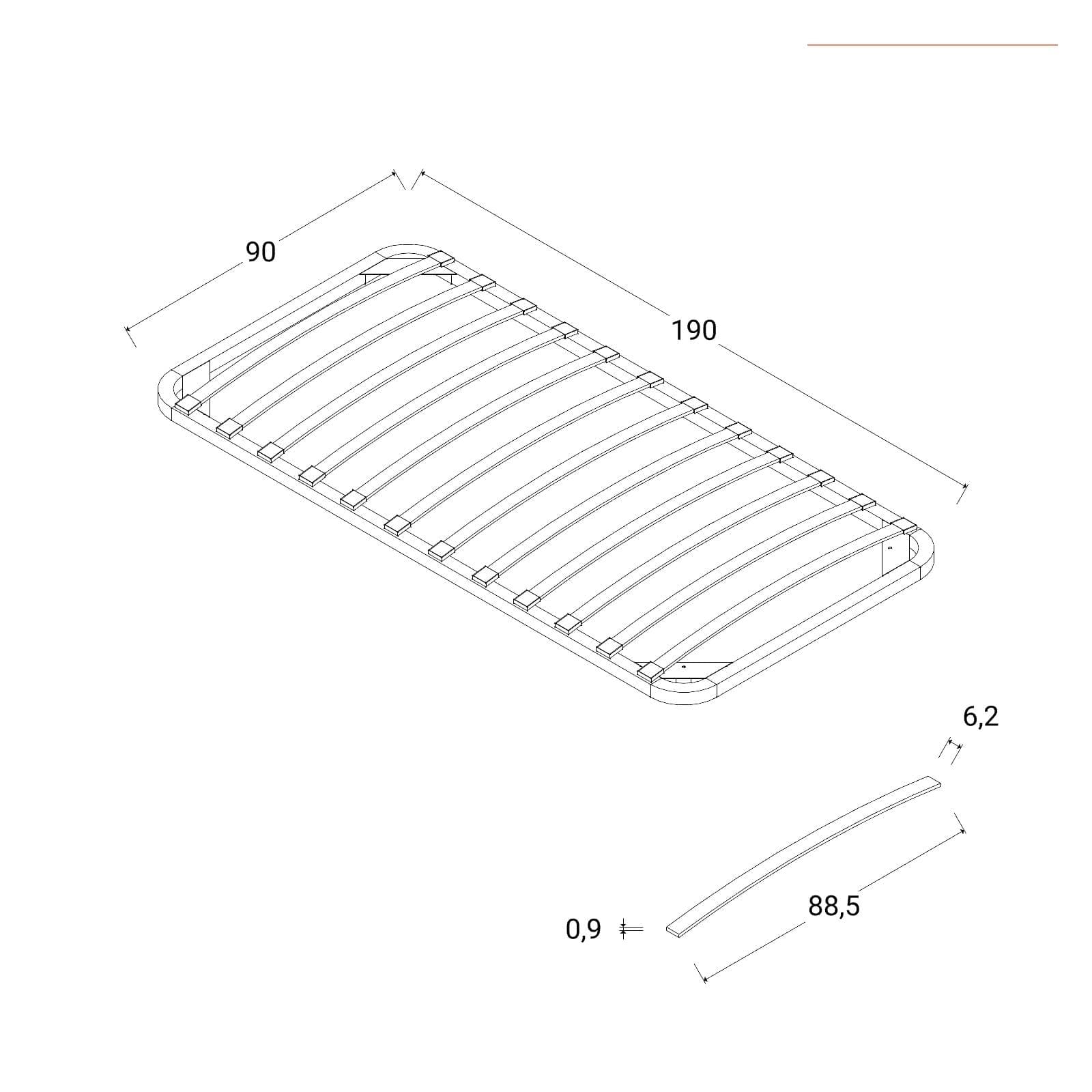 Rete a doghe per letto singolo 90x190 cm senza piedini