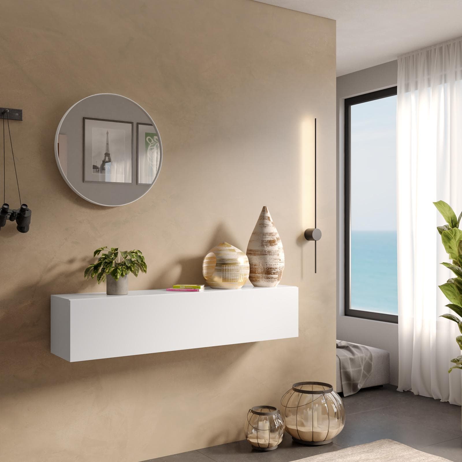 Consolle sospesa 138x28h cm bianco lucido con anta reversibile - Clary