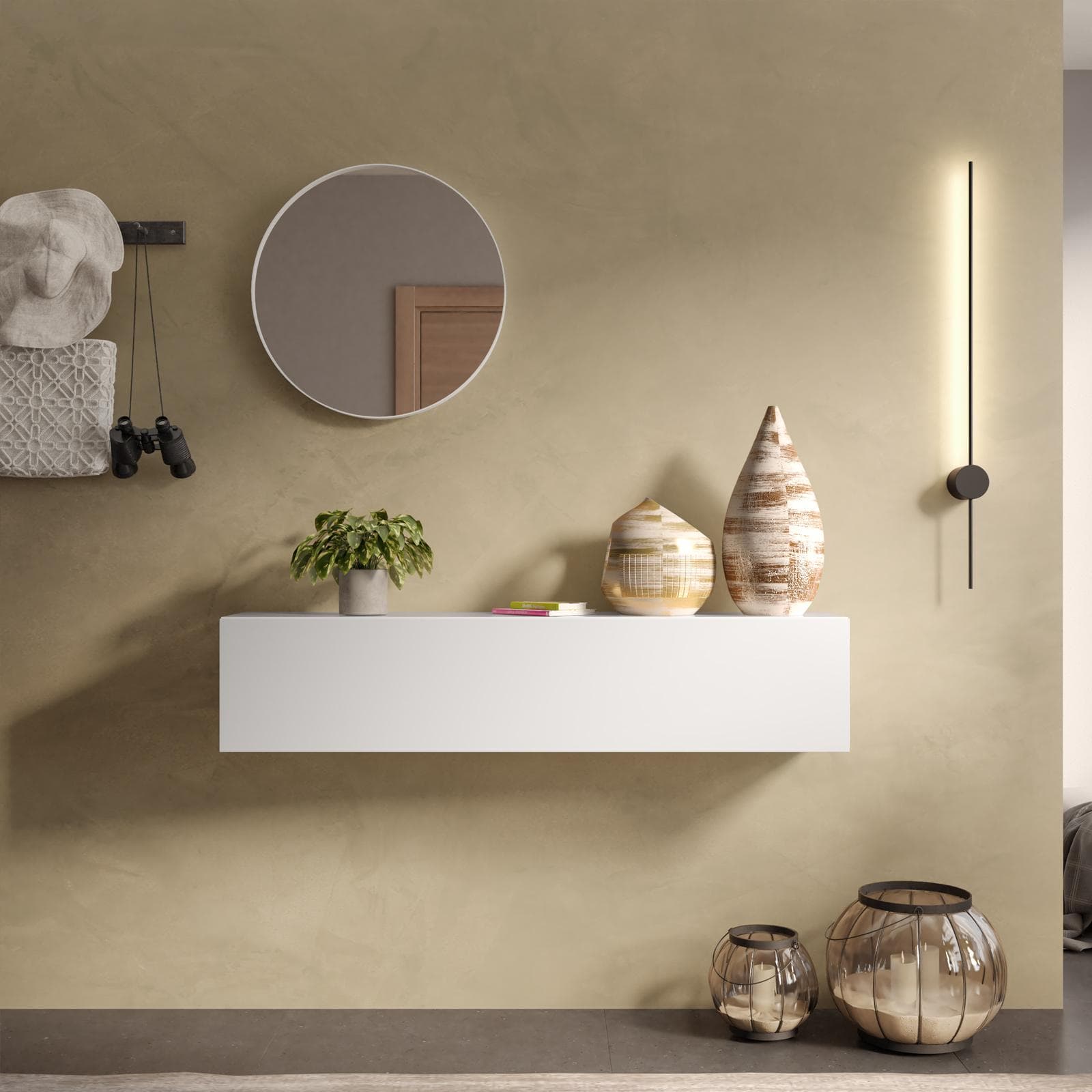 Consolle sospesa 138x28h cm bianco lucido con anta reversibile - Clary