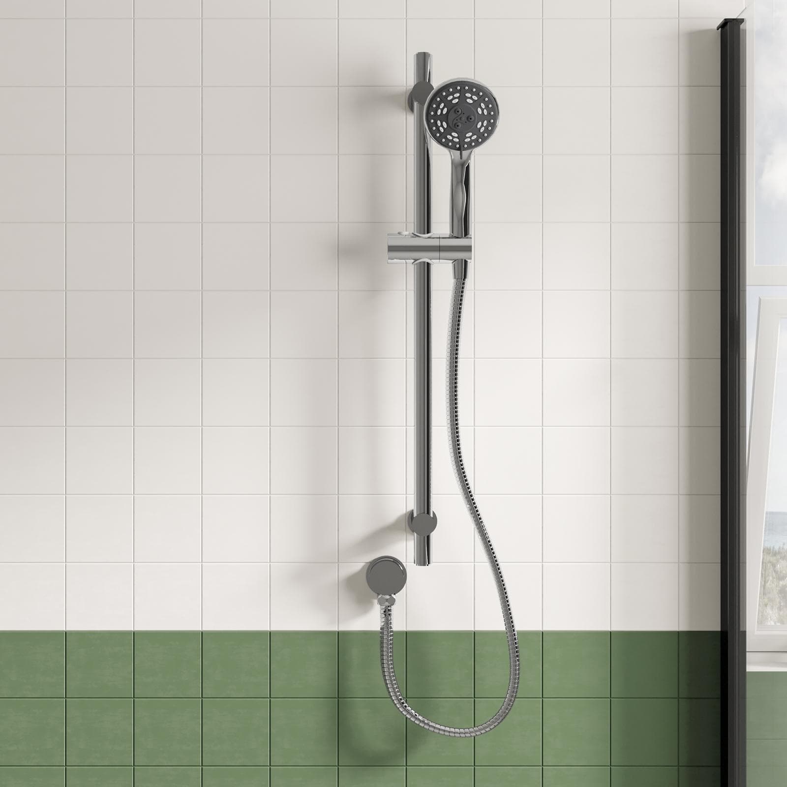 Saliscendi con doccino tondo multigetto e flessibile con presa d' acqua cromo - Acq+