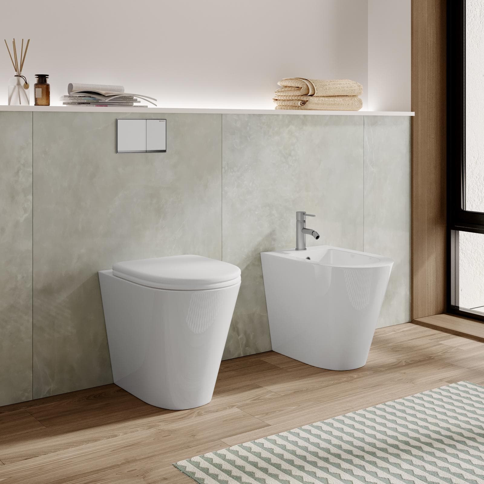 Sanitari a terra filomuro senza brida Forma di Azzurra ceramica sedile slim bianco lucido