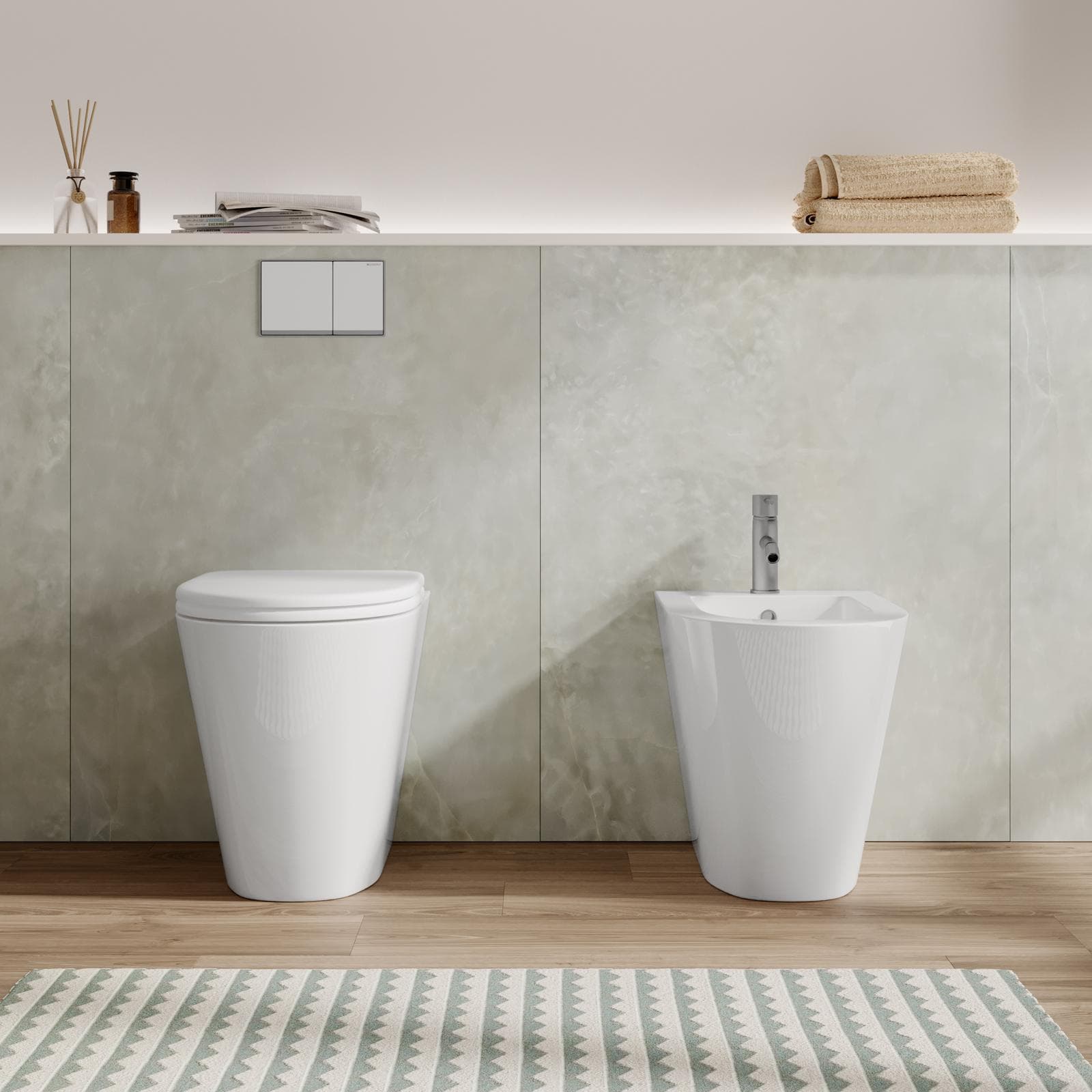 Sanitari a terra filomuro senza brida Forma di Azzurra ceramica sedile slim bianco lucido