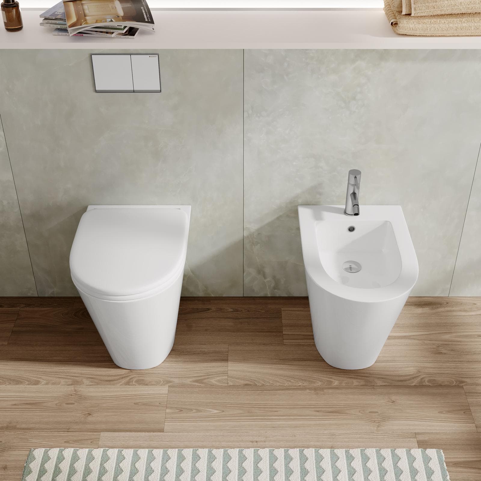 Sanitari a terra filomuro senza brida Forma di Azzurra ceramica sedile slim bianco lucido