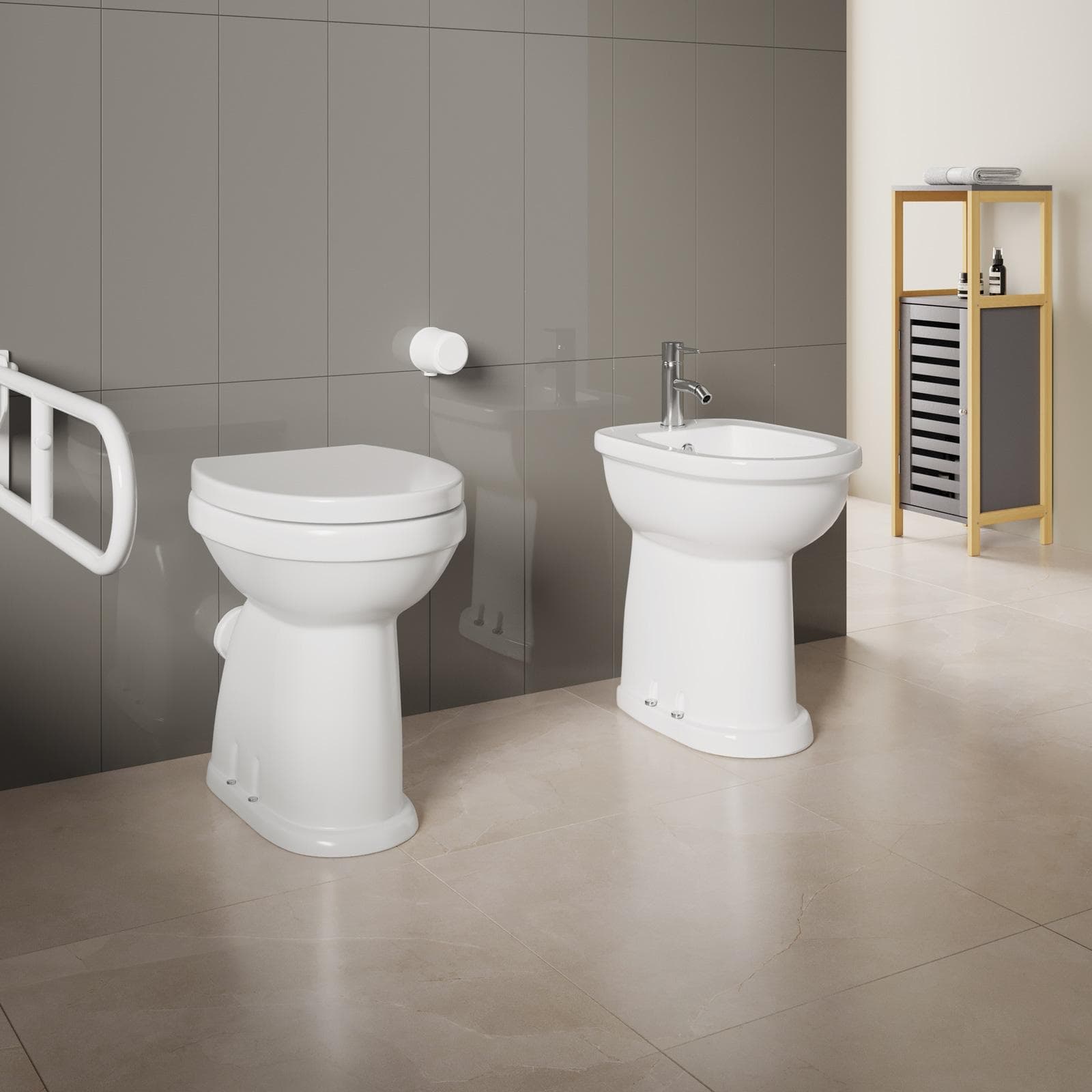 Sanitari accessibili 49h cm in ceramica bianca con copriwc scarico a parete