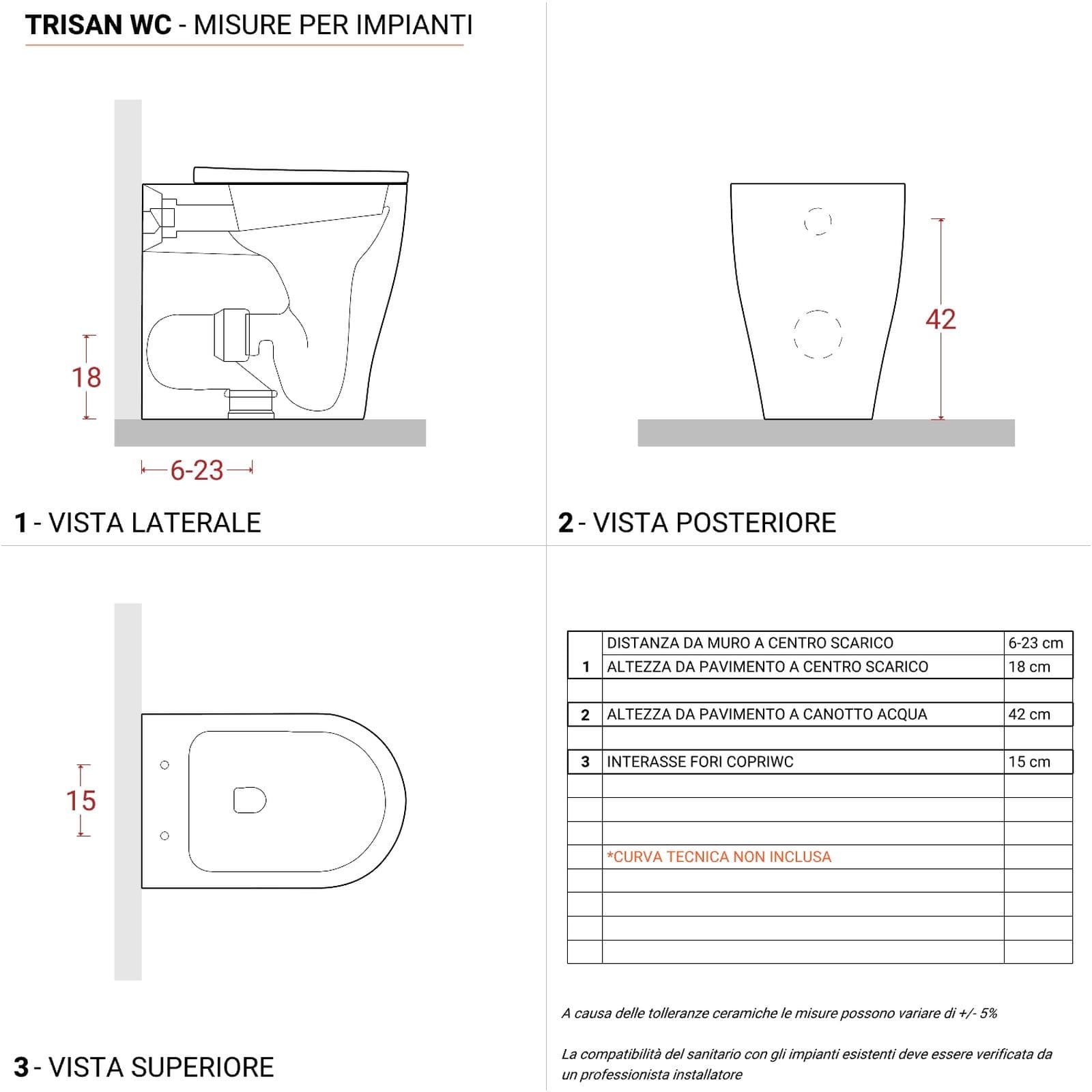 Sanitari filomuro 50h cm con copri wc bianco - Trisan