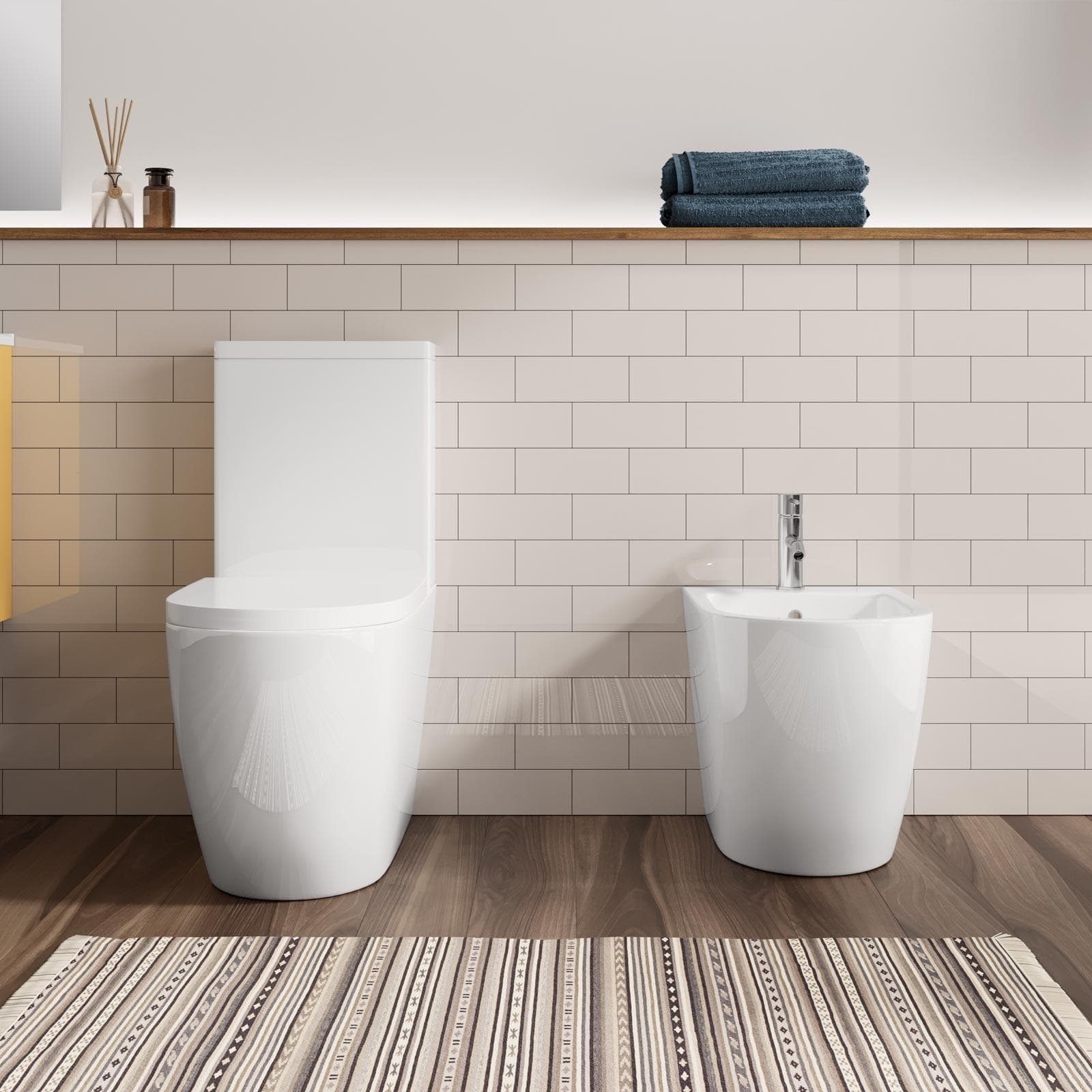 Sanitari filomuro con scarico monoblocco tradizionale in ceramica bianco lucido Volga