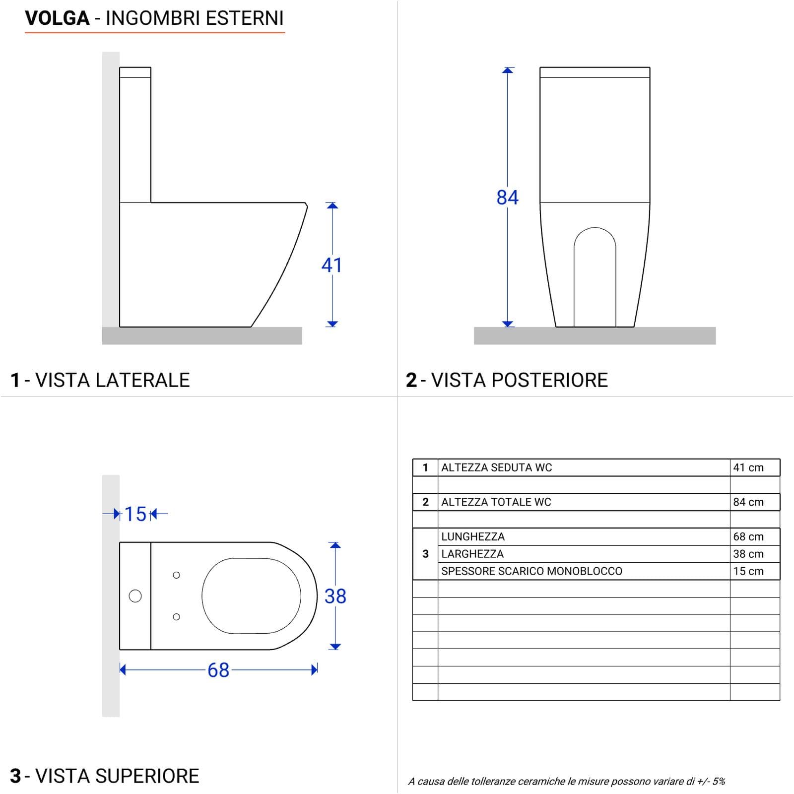 Sanitari filomuro con scarico monoblocco tradizionale in ceramica bianco lucido Volga