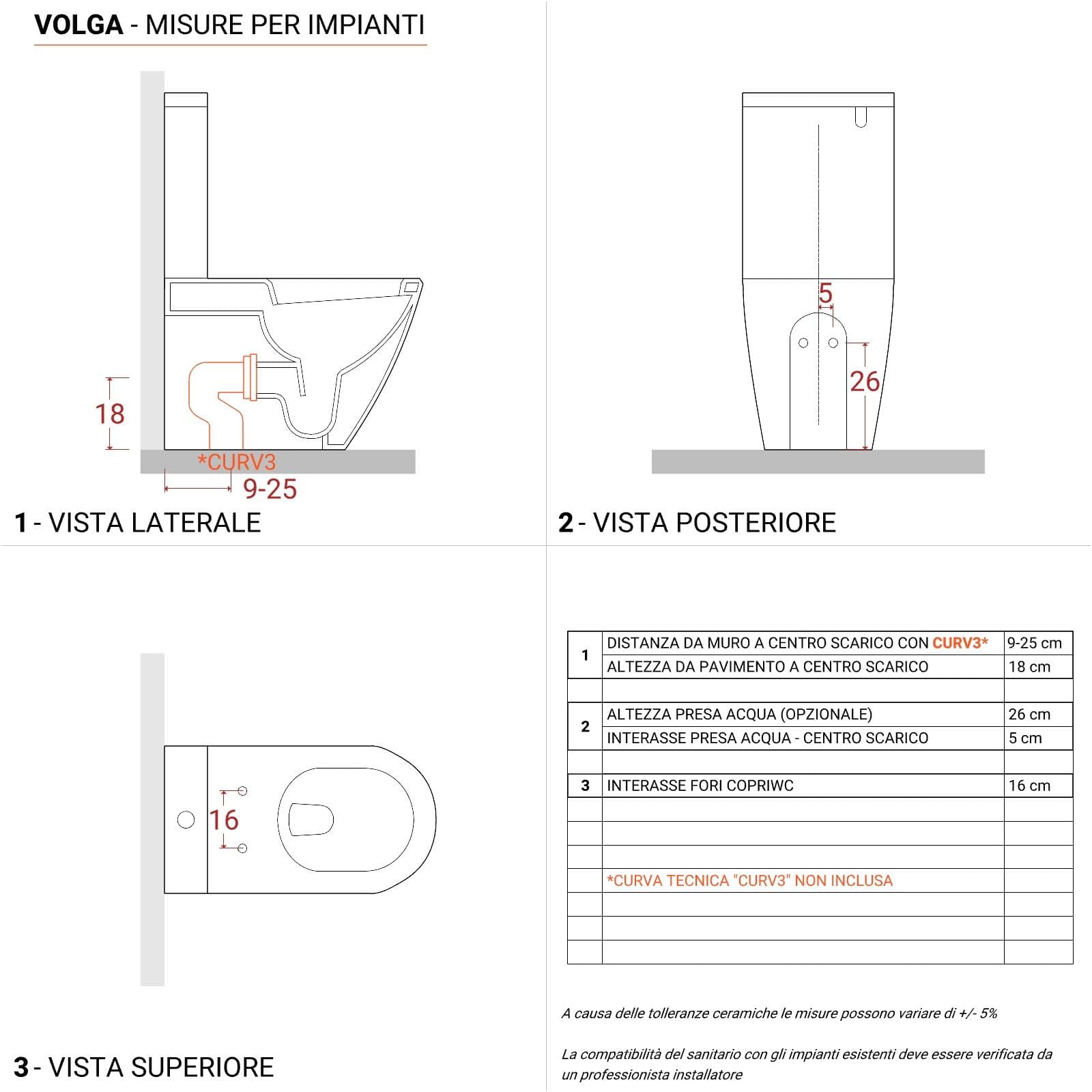 Sanitari filomuro con scarico monoblocco tradizionale in ceramica bianco lucido Volga