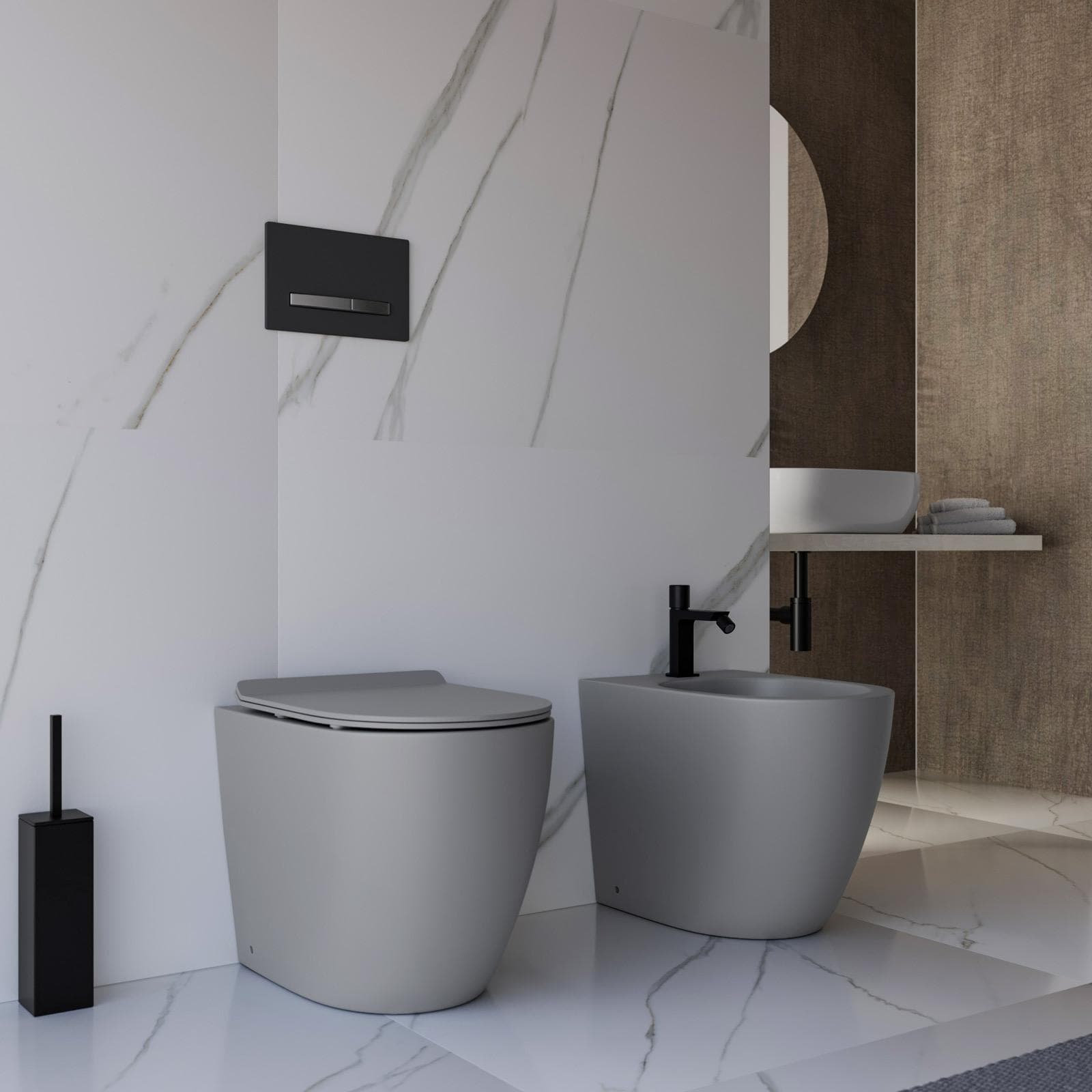 Sanitari filomuro grigio opaco a risparmio idrico con sedile SoftClose - Nadir