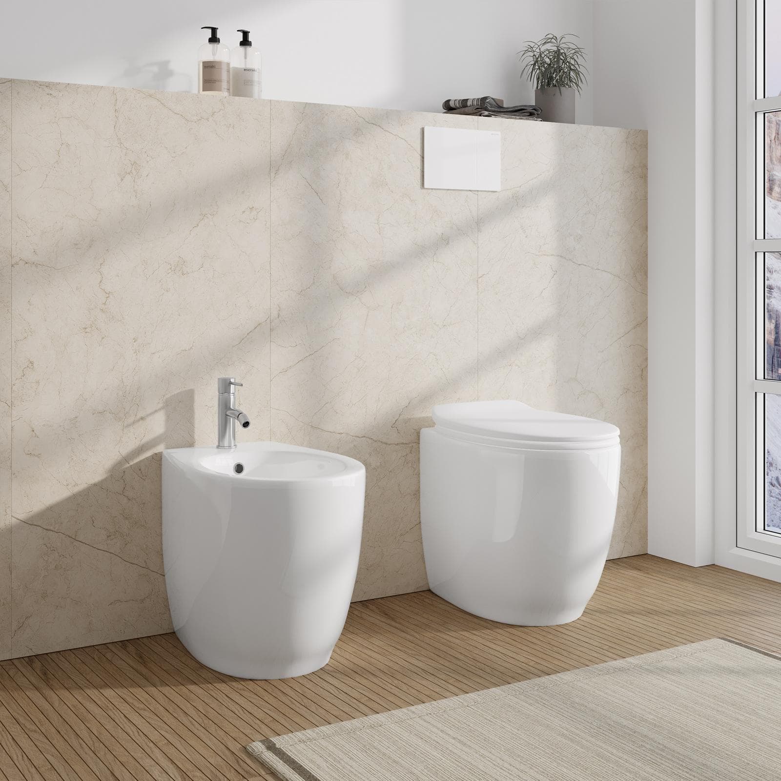 Sanitari filomuro in ceramica bianca e sedile copriwc