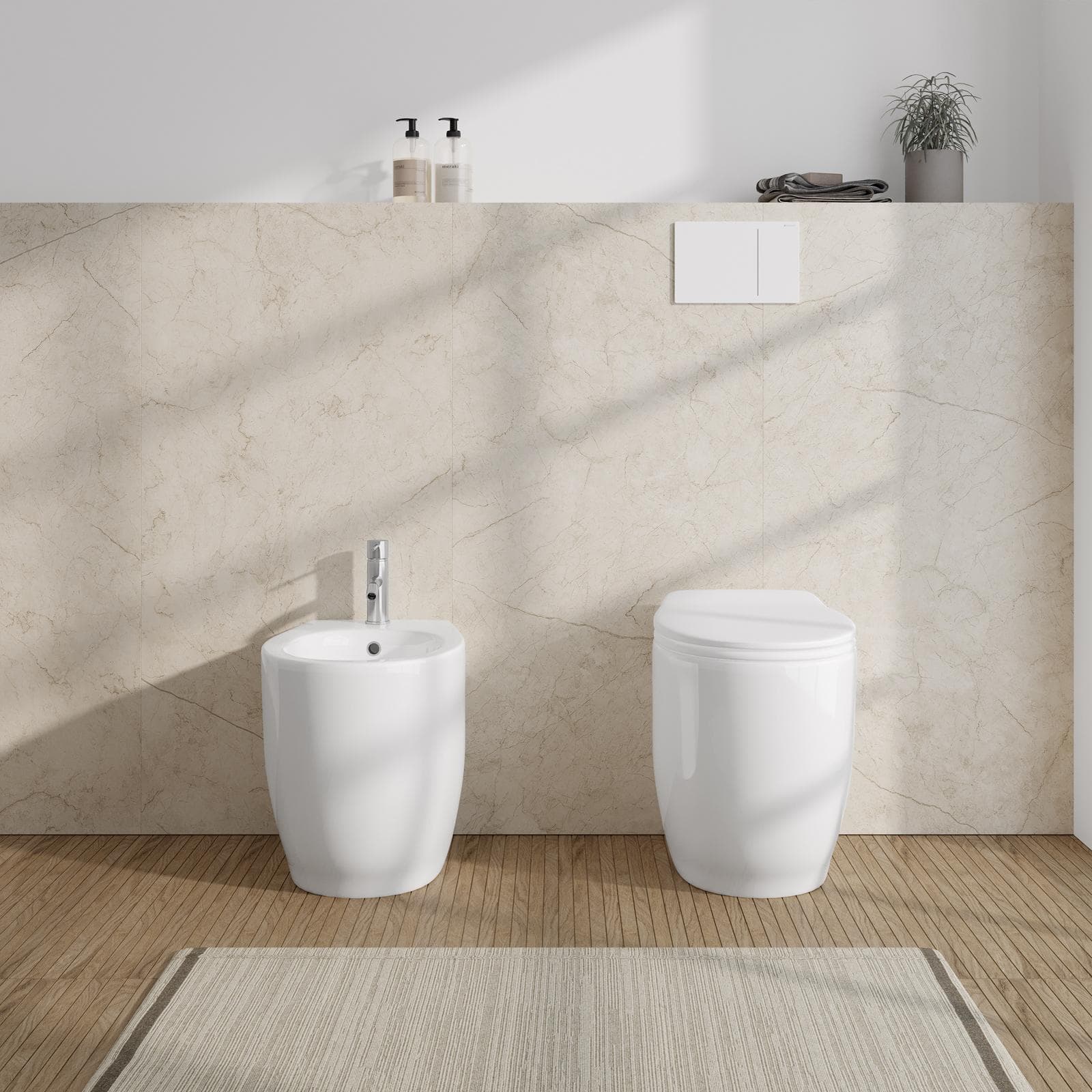Sanitari filomuro in ceramica bianca e sedile copriwc