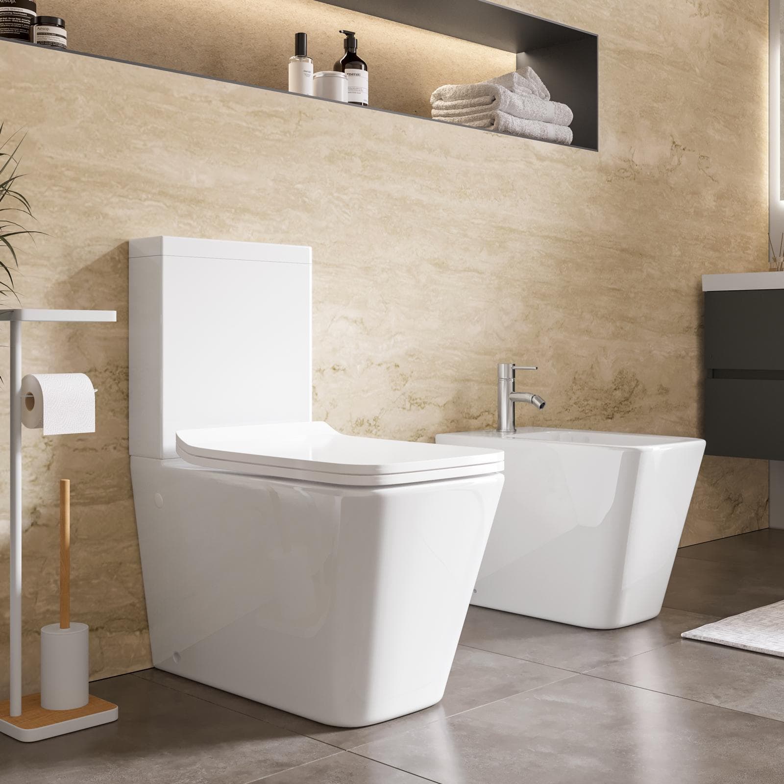 Sanitari filomuro in ceramica con wc monoblocco rimless e copriwc softclose - Lena