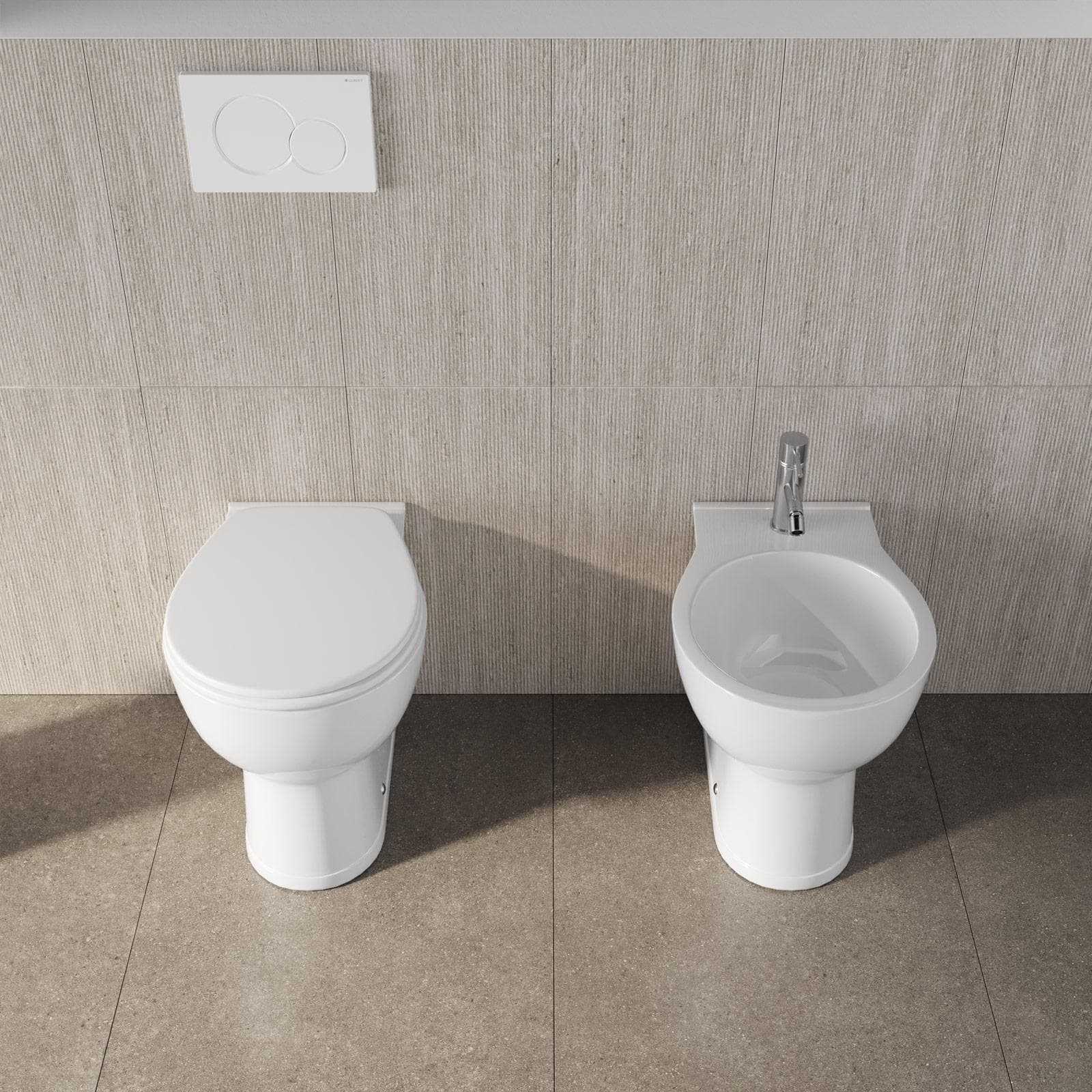 Sanitari filomuro in ceramica vaso + bidet + sedile soft close