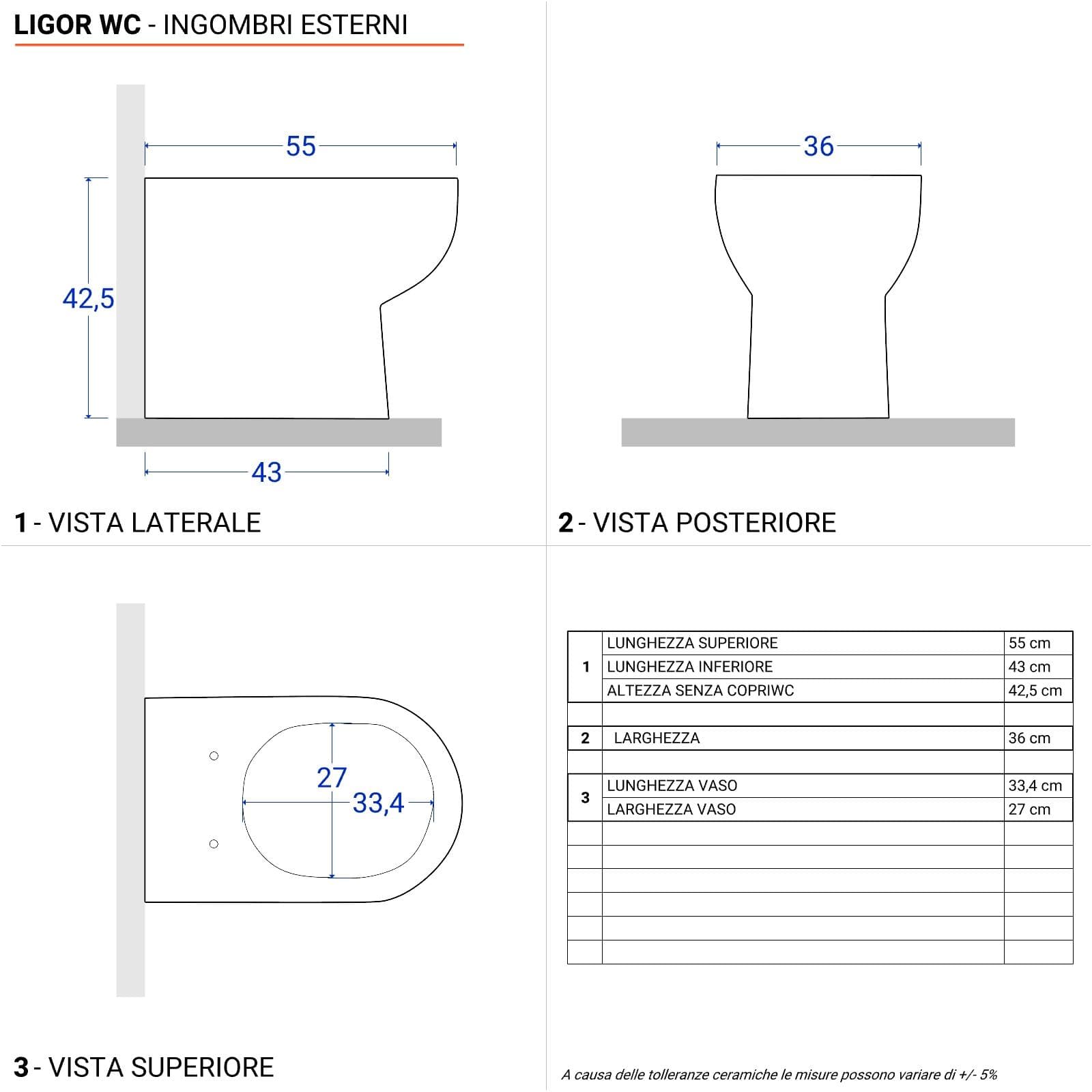 Sanitari filomuro vaso e bidet in ceramica 36x55x42,5h soft close - Ligor