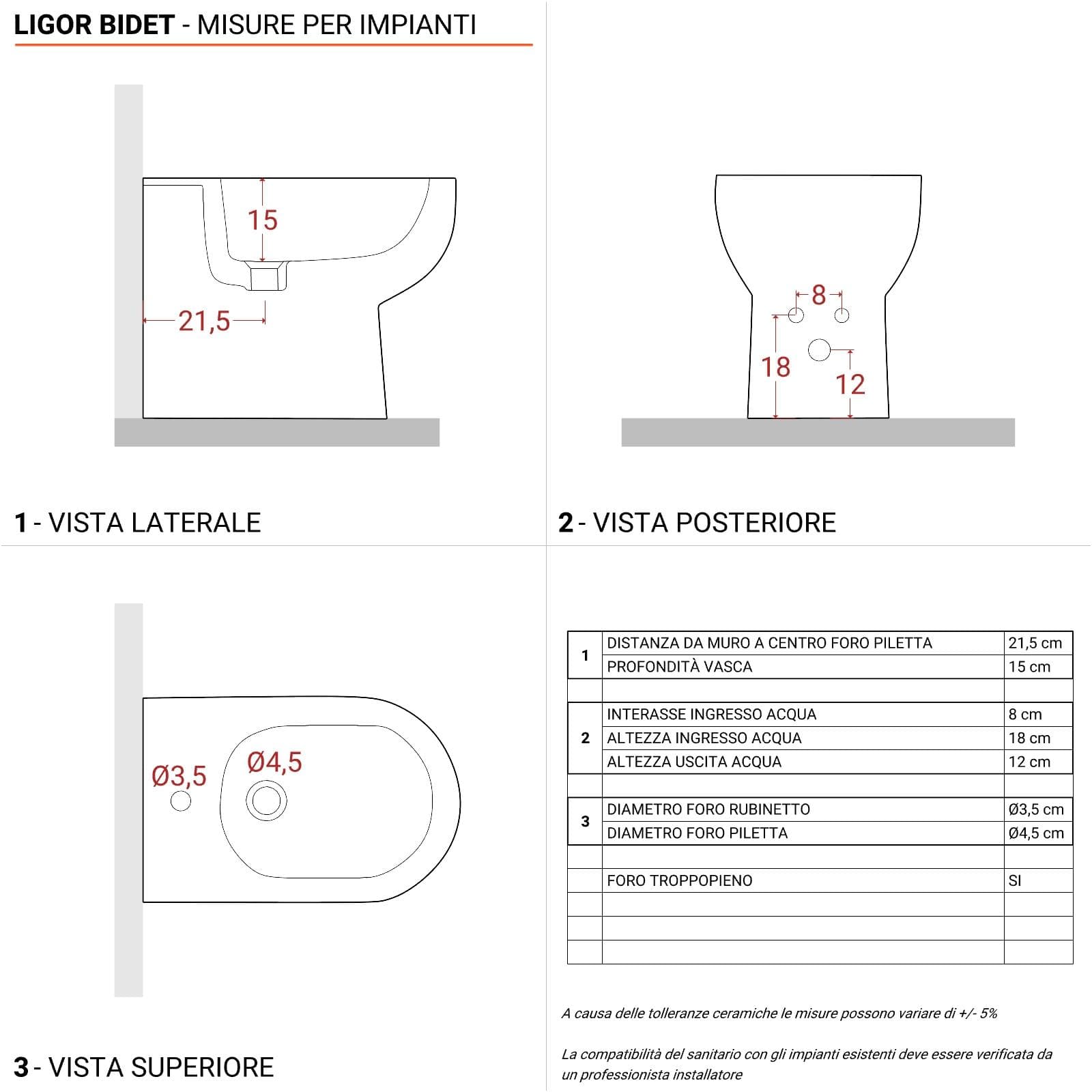 Sanitari filomuro vaso e bidet in ceramica 36x55x42,5h soft close - Ligor