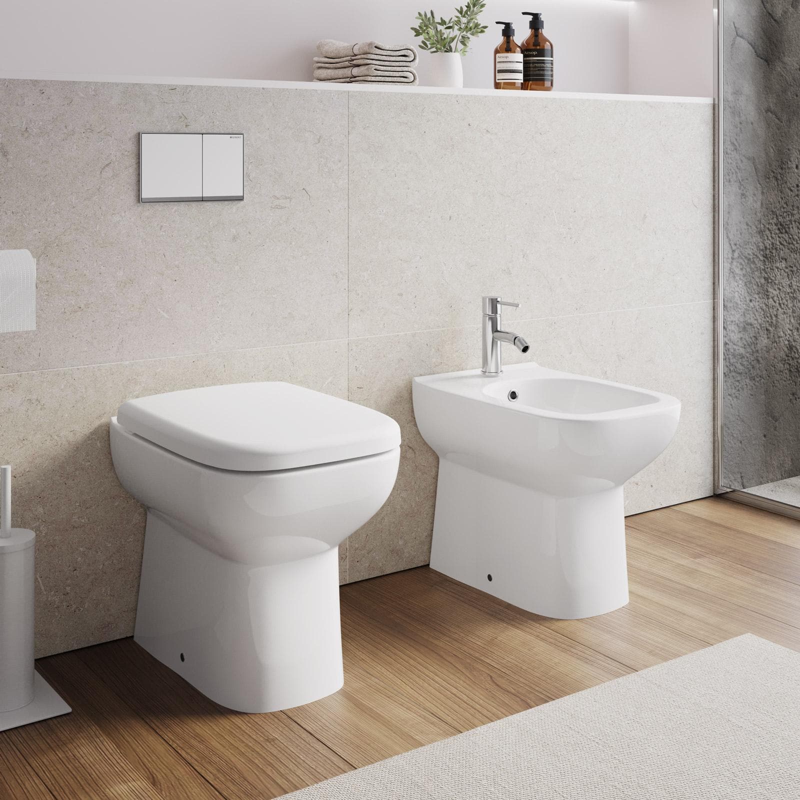 Sanitari in ceramica filomuro wc e bidet con copriwc softclose - Proven