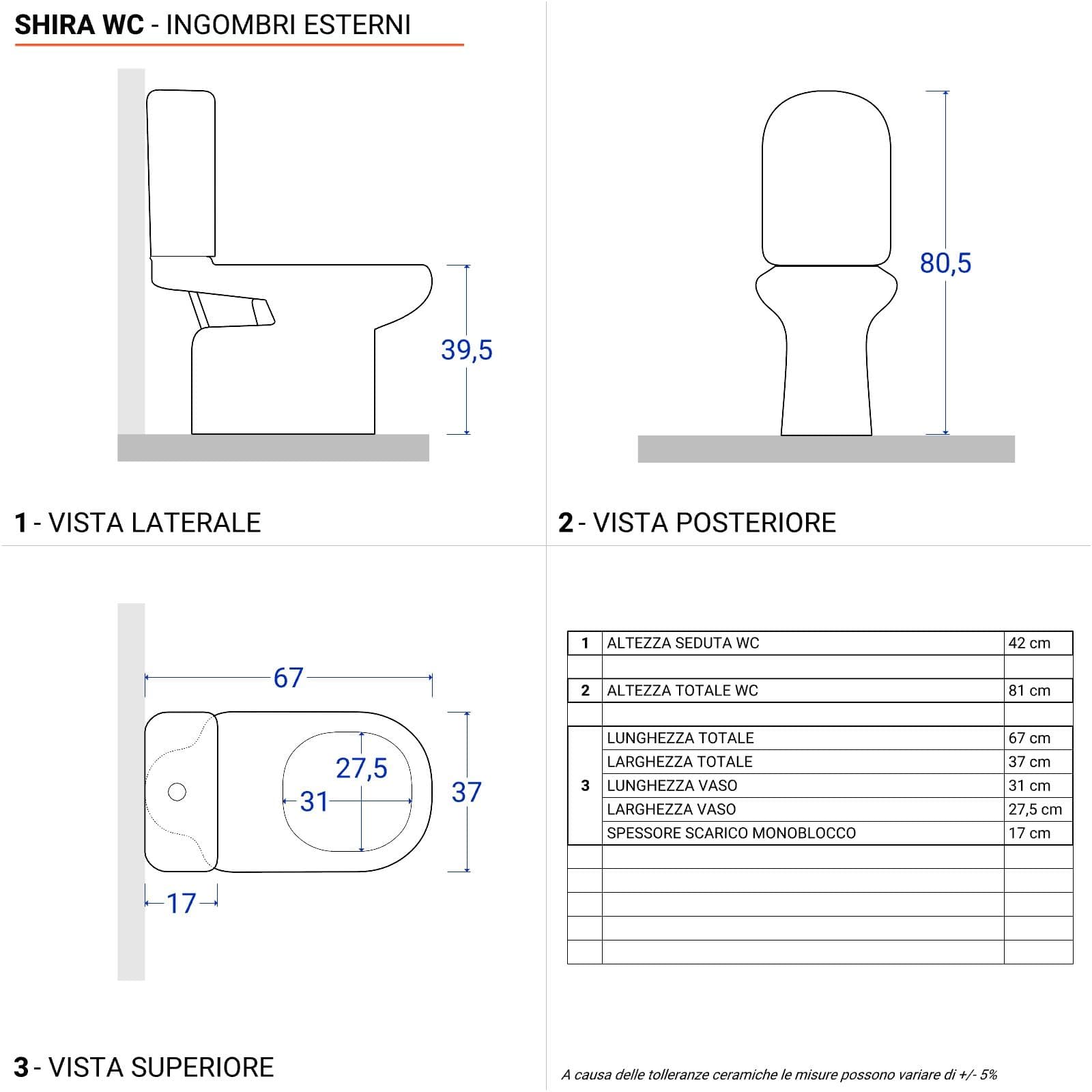 Sanitari monoblocco in ceramica vaso completo di cassetta e bidet - Shira