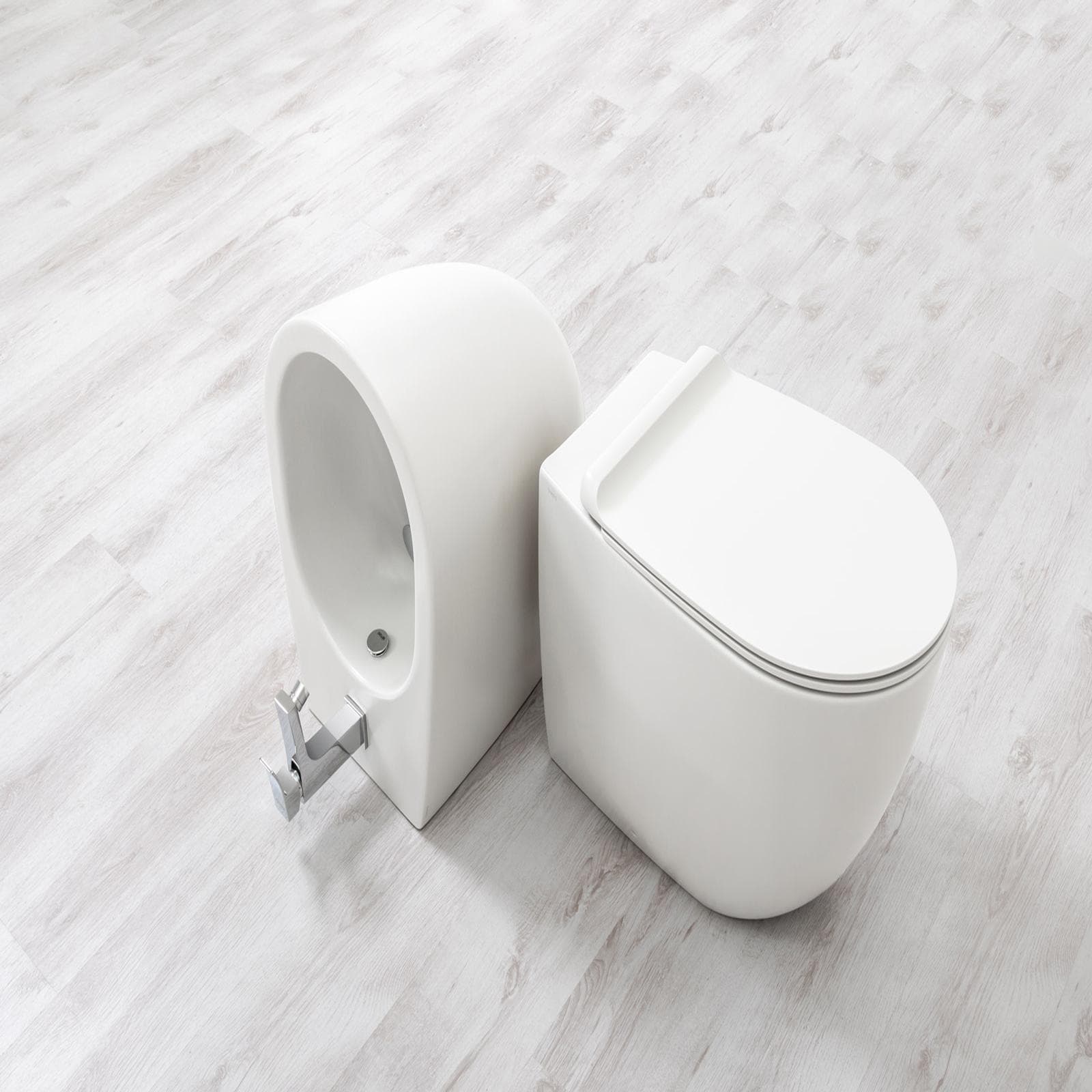 Sanitari filomuro bidet + wc traslato + sedile 56 cm color bianco opaco - Vignoni di Simas