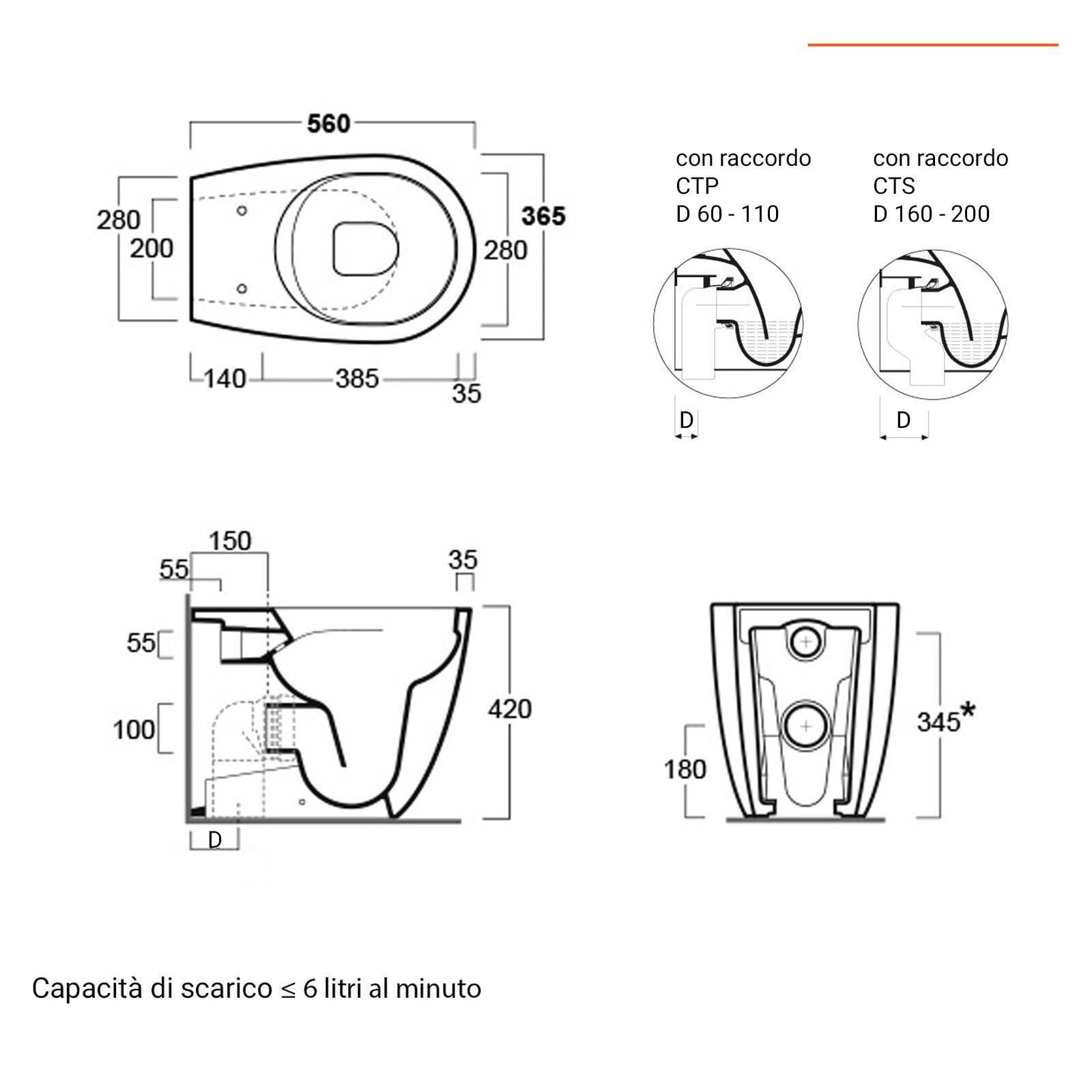 Sanitari filomuro bidet + wc traslato + sedile 56 cm color bianco opaco - Vignoni di Simas