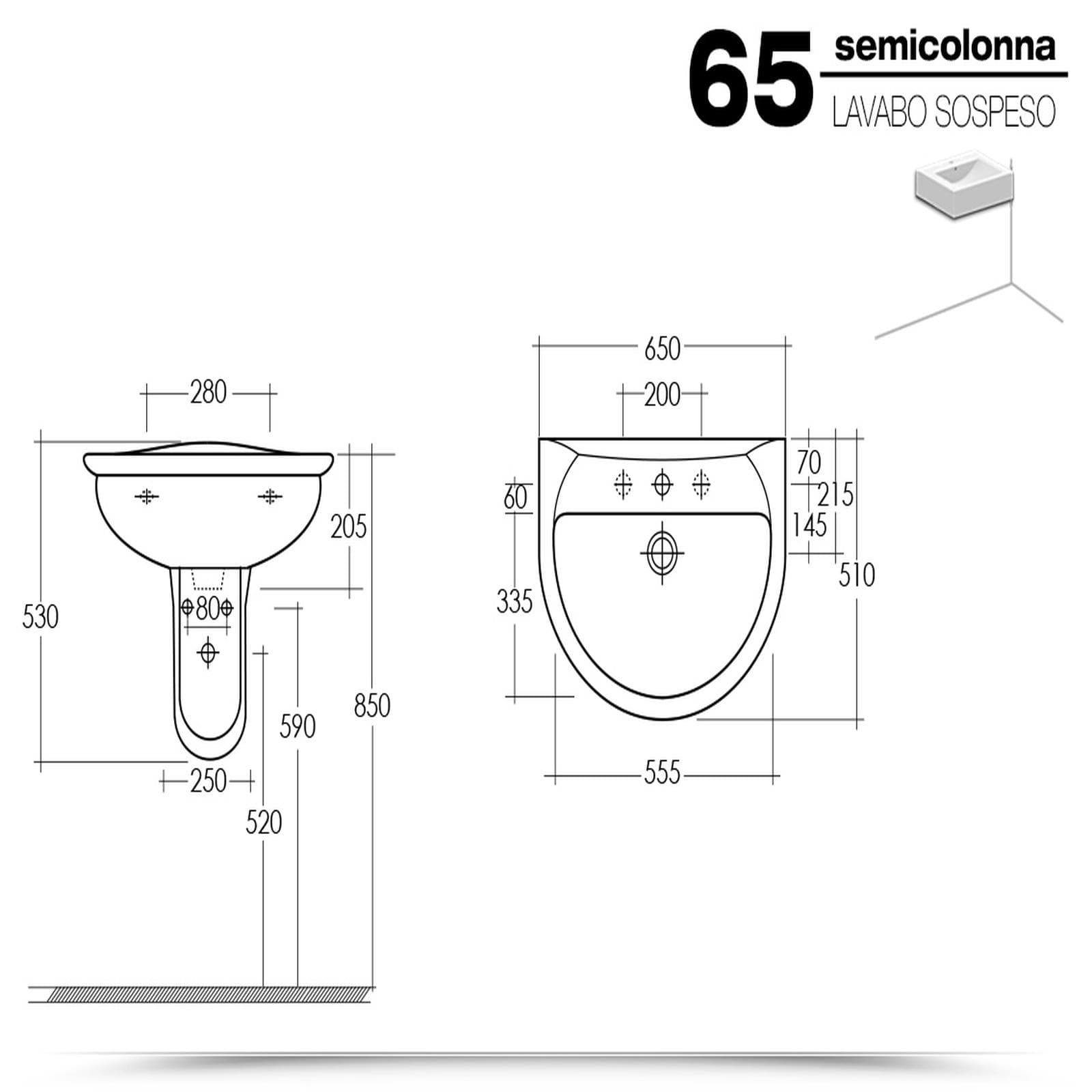 Sanitari sospesi con lavabo e semicolonna in ceramica - Perls