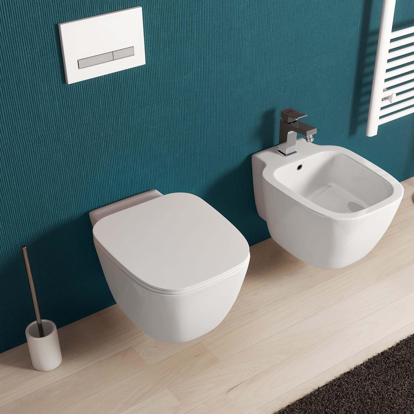 Sanitari sospesi design squadrato in ceramica con sedile copri wc con chiusura softclose - Kumo