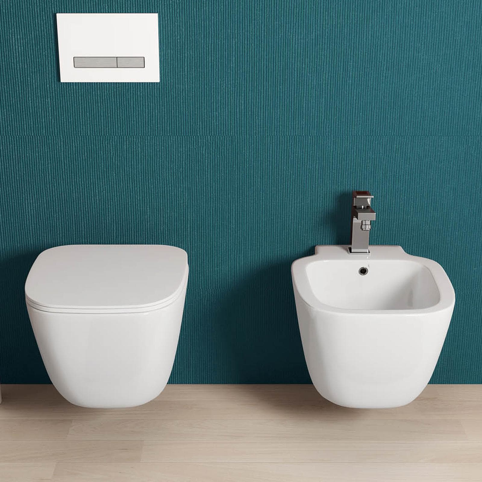 Sanitari sospesi design squadrato in ceramica con sedile copri wc con chiusura softclose - Kumo