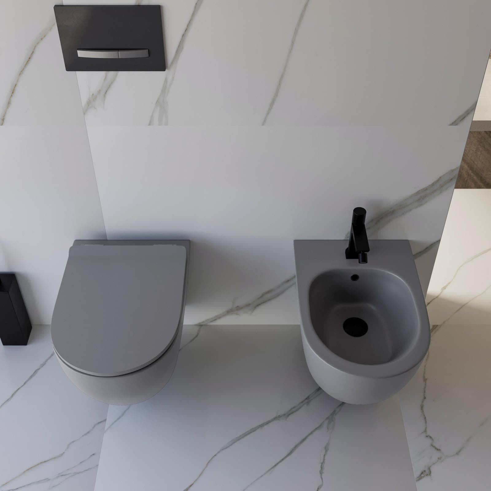Sanitari sospesi grigio opaco a risparmio idrico con sedile SoftClose - Nadir