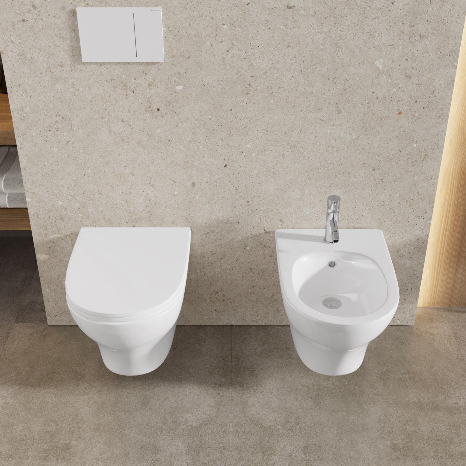 Sanitari sospesi in ceramica bianca con sedile copriwc slim