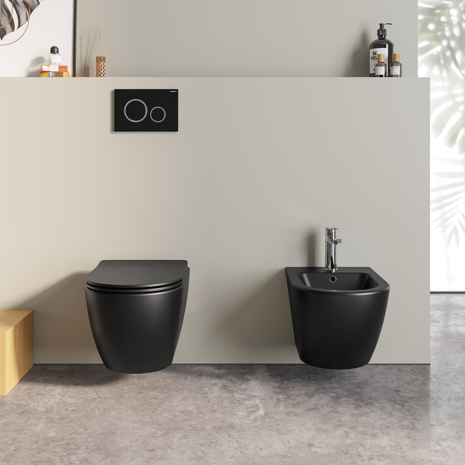 Sanitari sospesi con scarico a vortice in ceramica con copriwc e bidet nero opaco - Flitch