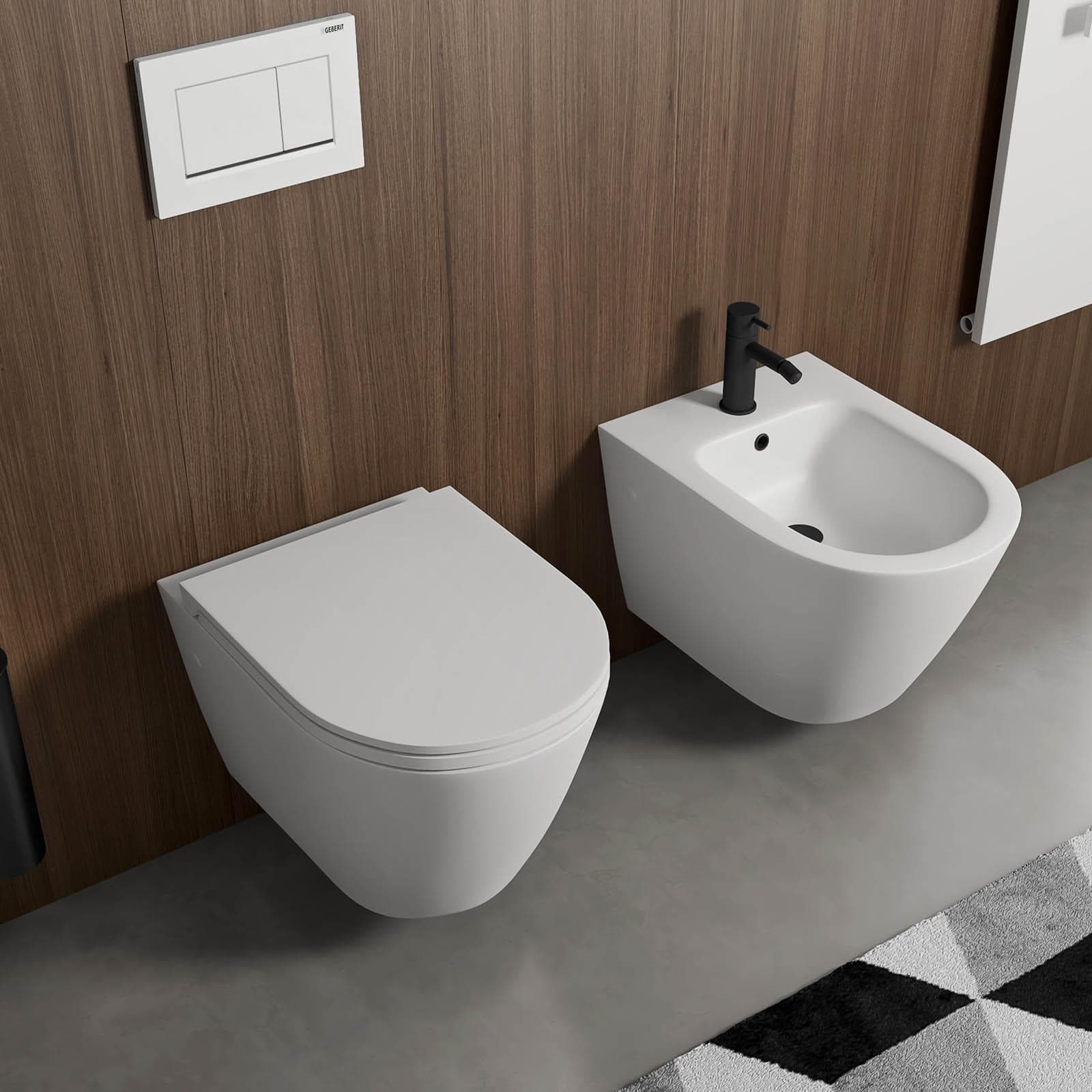 Sanitari sospesi rimless design bianco opaco matt con sedile ultraslim softclose - Nobu