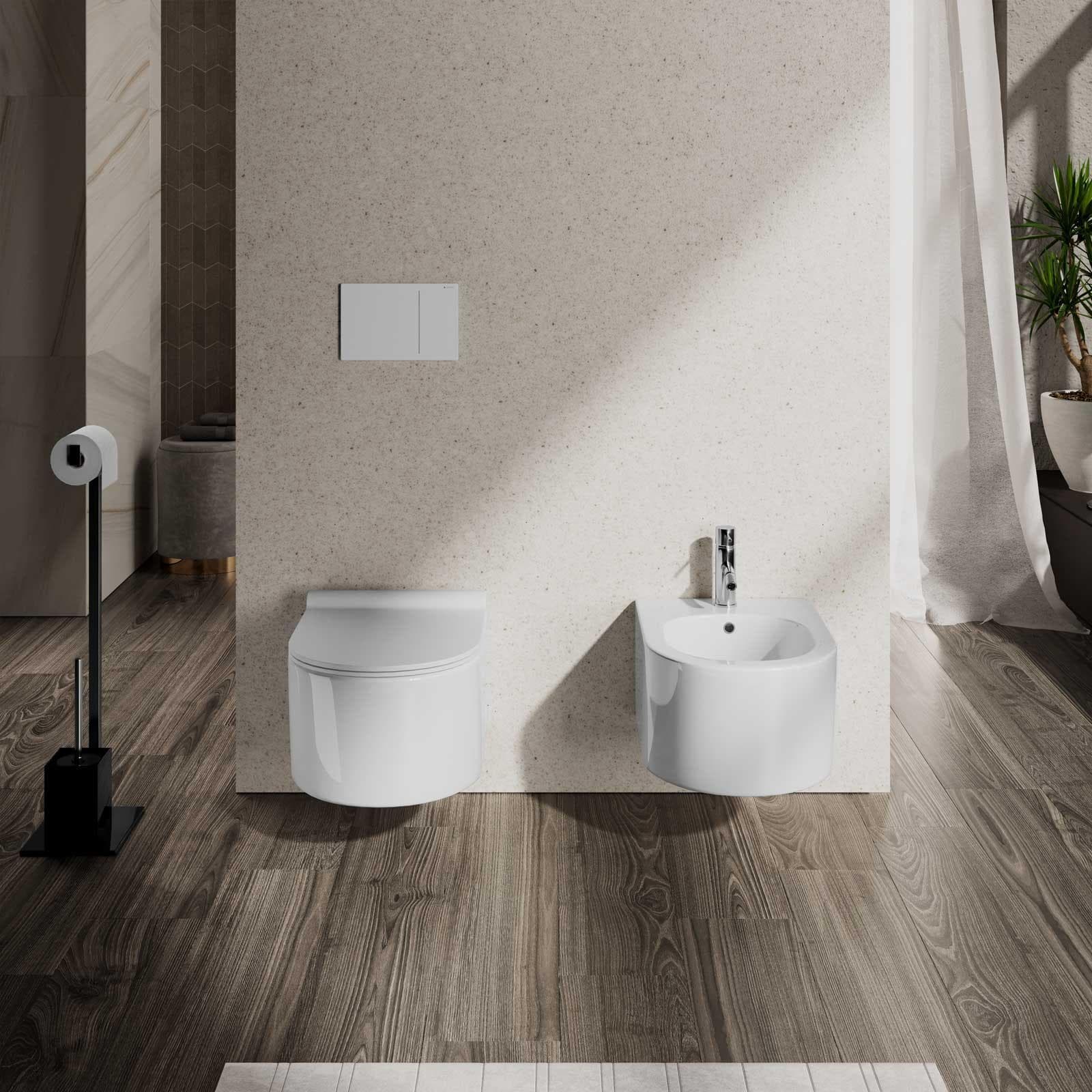 Sanitari sospesi rimless wc e bidet ceramica lucida Fleur con copriwc soft-close