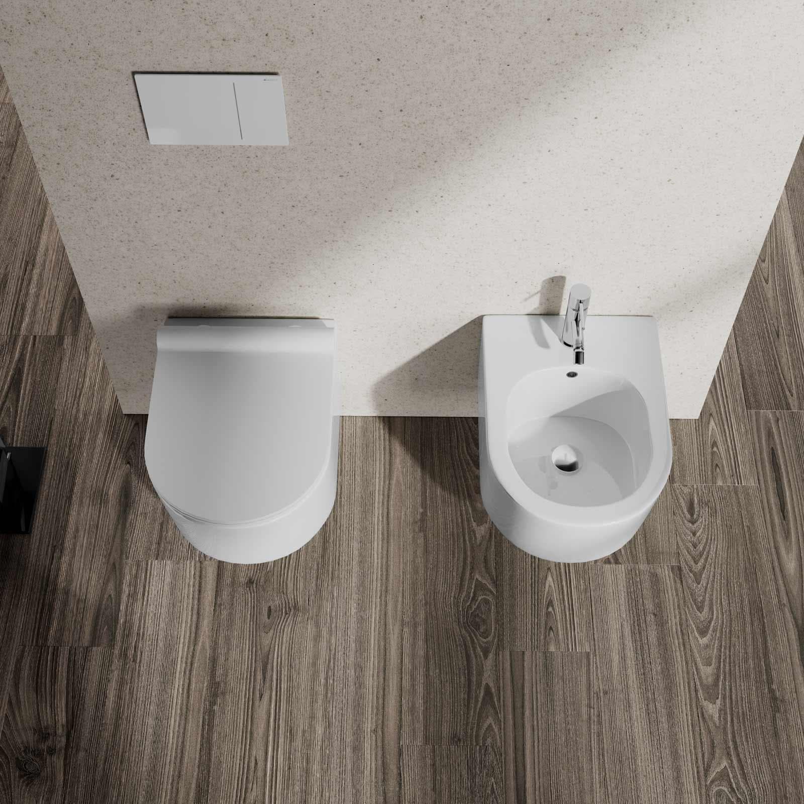Sanitari sospesi rimless wc e bidet ceramica lucida Fleur con copriwc soft-close