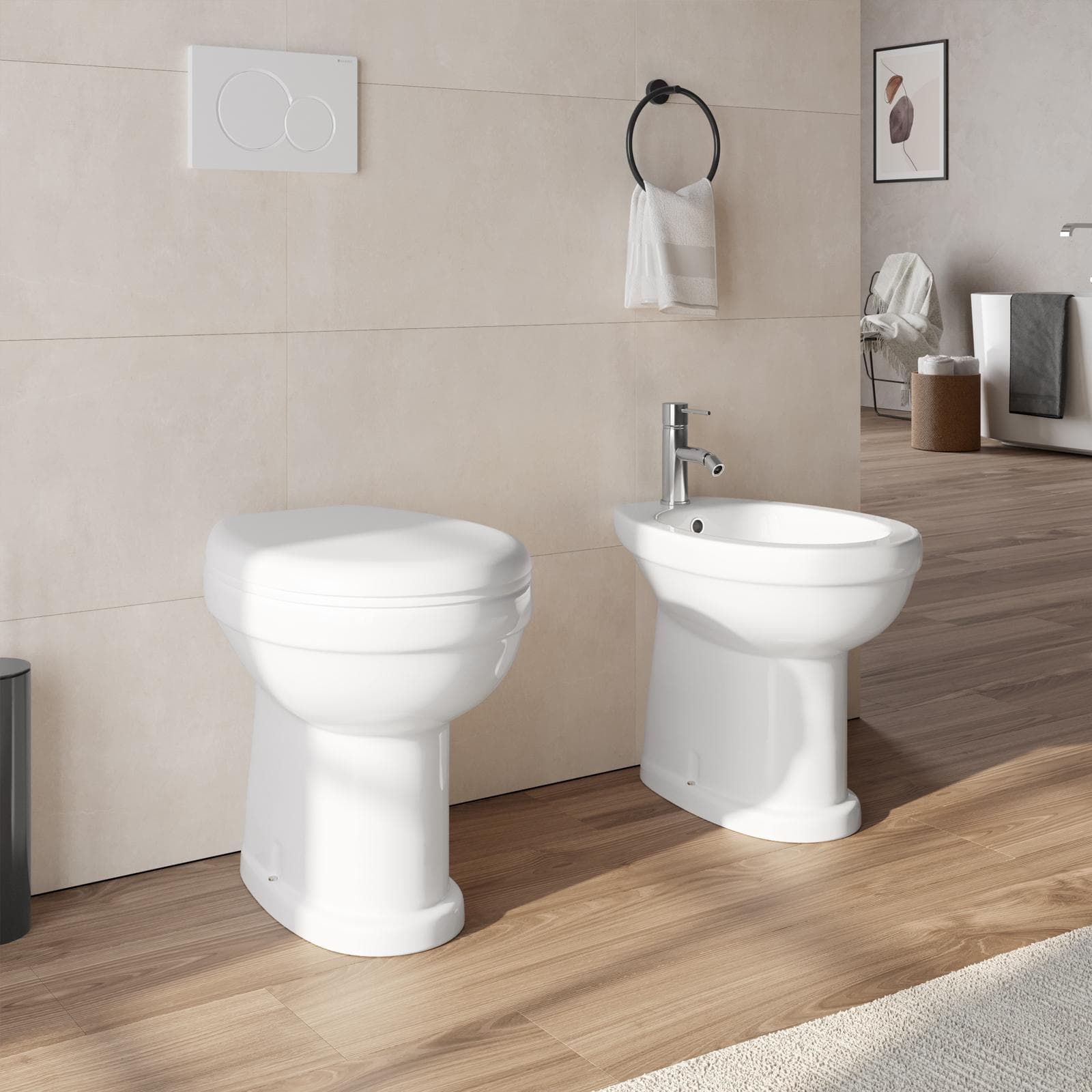 Sanitari tradizionali in ceramica bianca con copriwc e scarico a terra - Perth