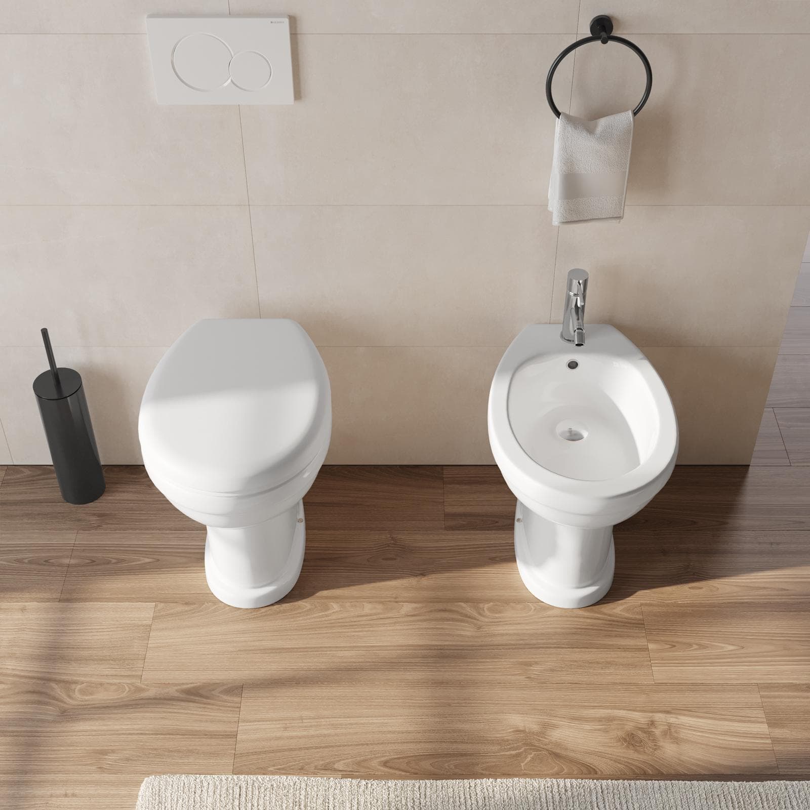 Sanitari tradizionali in ceramica bianca con copriwc e scarico a terra - Perth