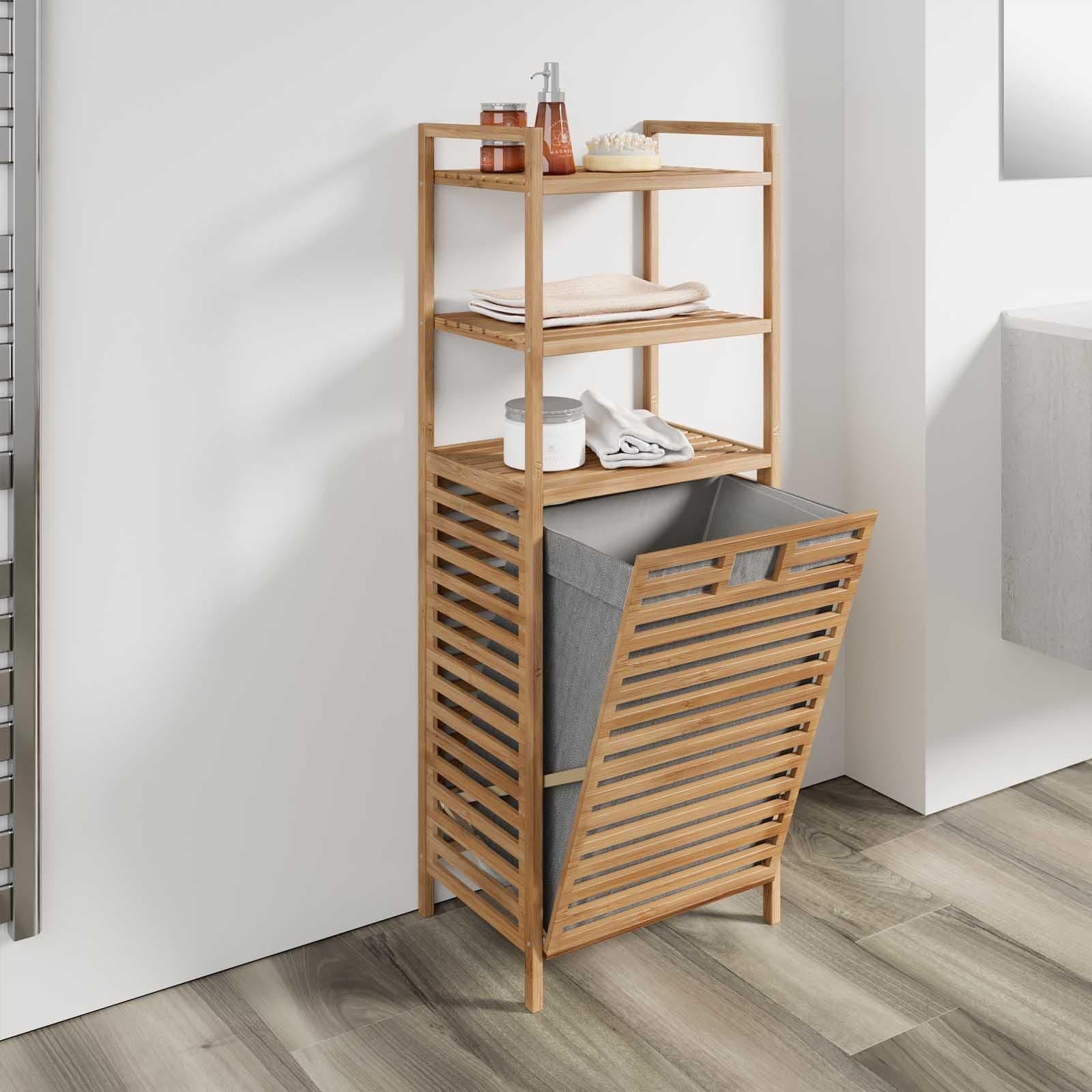 Scaffale bagno o lavanderia con cesto portabiancheria e 3 ripiani in legno - Grace