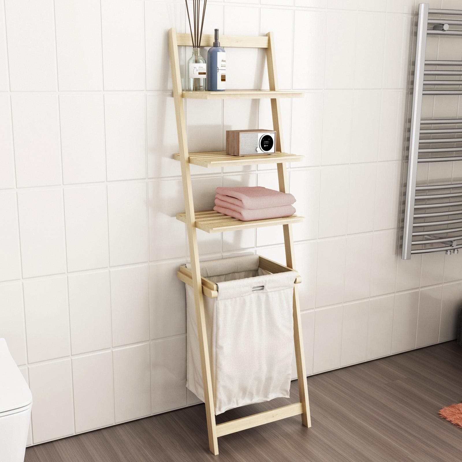 Scala arredo da bagno o lavanderia con porta biancheria e ripiani in legno 155 cm - Grace