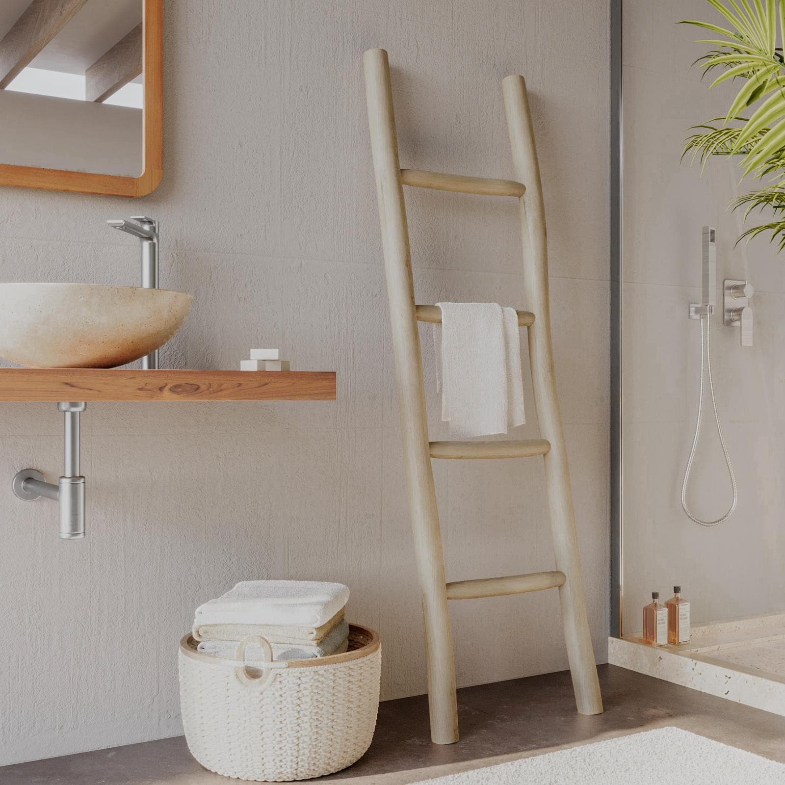 Scala porta asciugamani in legno teak naturale 45x150h cm da bagno o multiuso