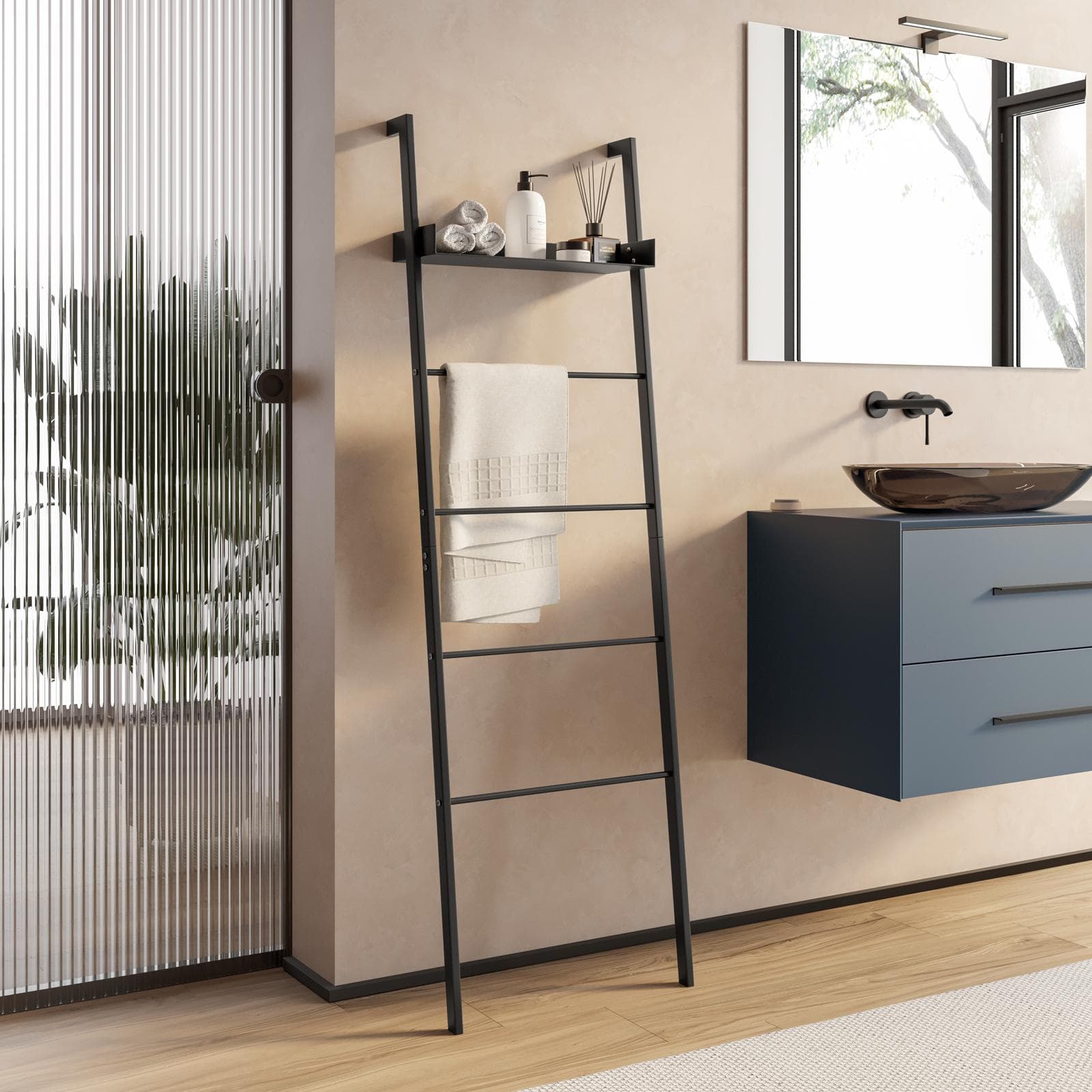 Scala porta salviette da parete 160 h cm in metallo nero con ripiano - Zeit