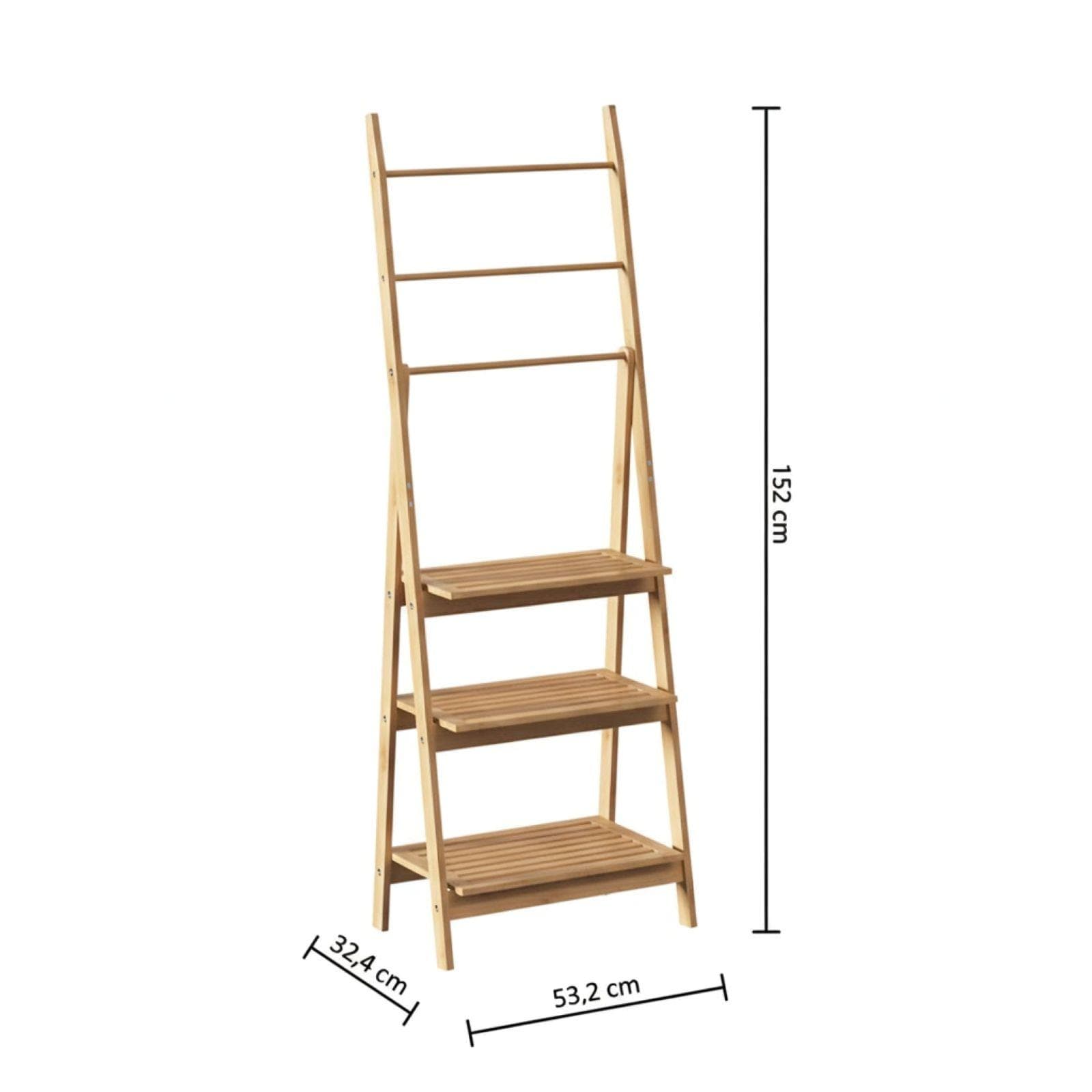 Scala portaoggetti 152h cm in legno a 3 ripiani e 3 portasalviette