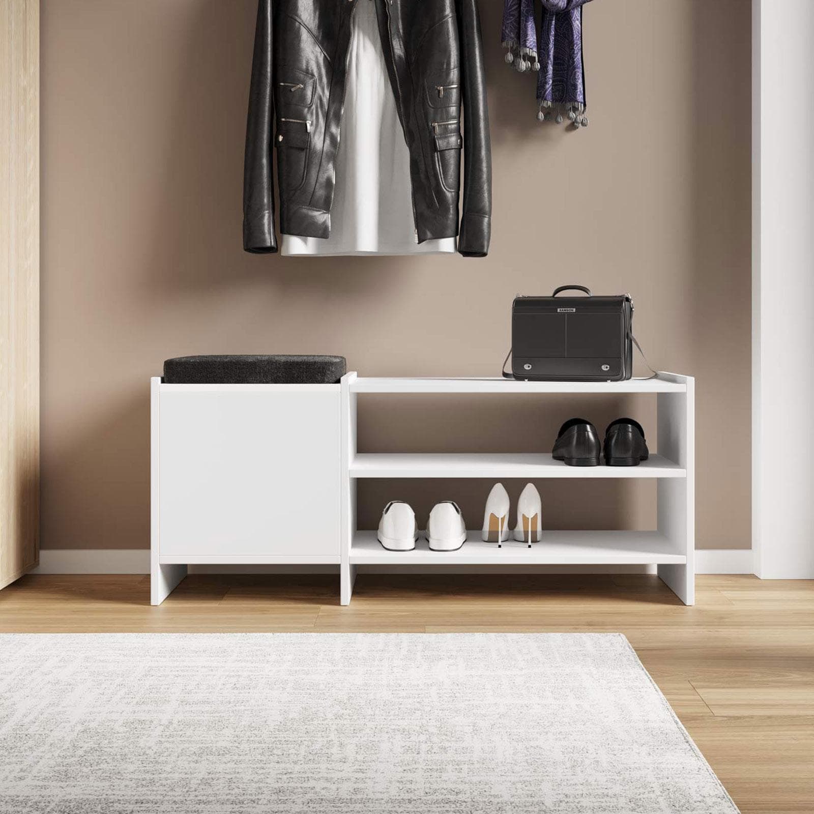 Scarpiera 100x35 cm in legno bianco con anta e ripiani - Kantiko