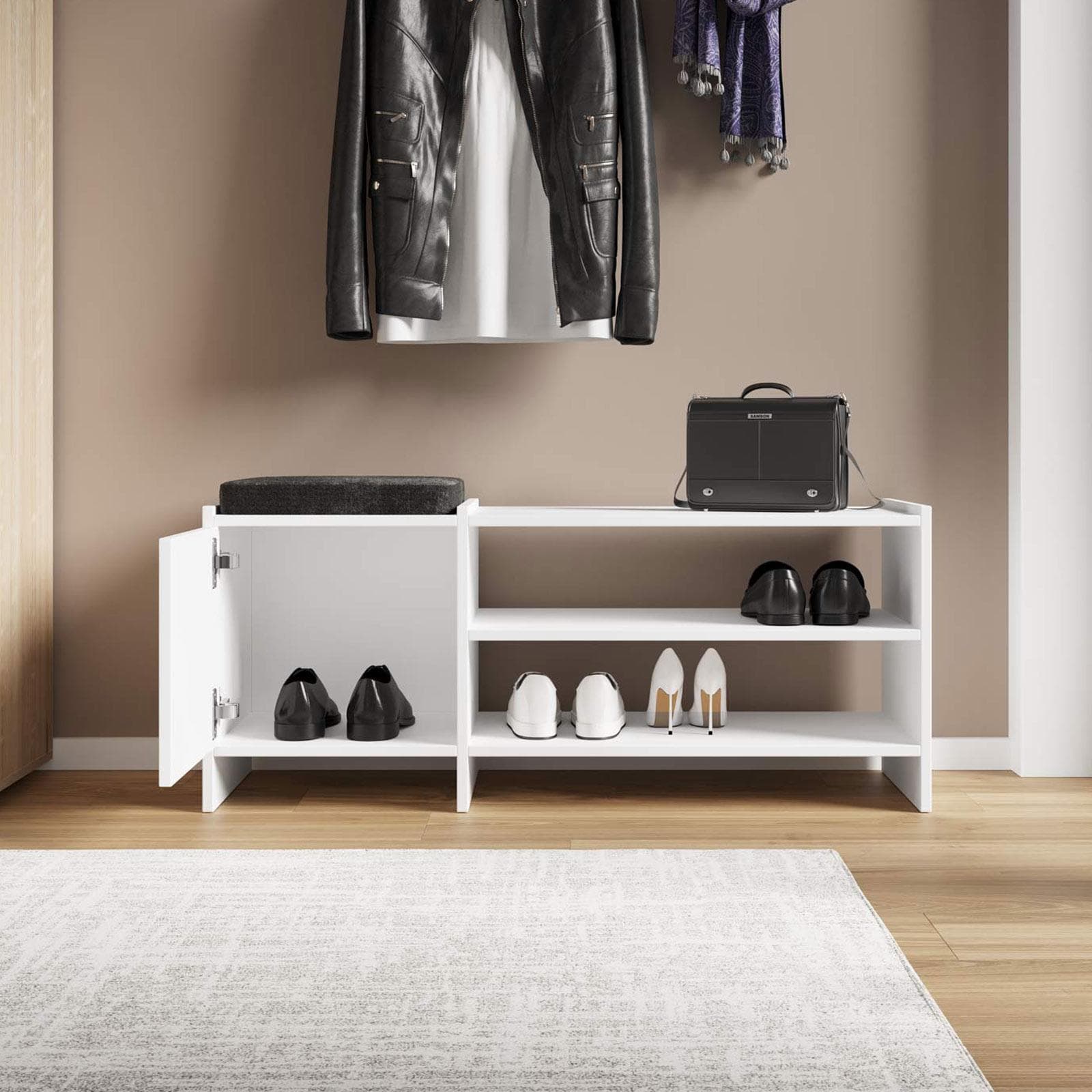 Scarpiera 100x35 cm in legno bianco con anta e ripiani - Kantiko