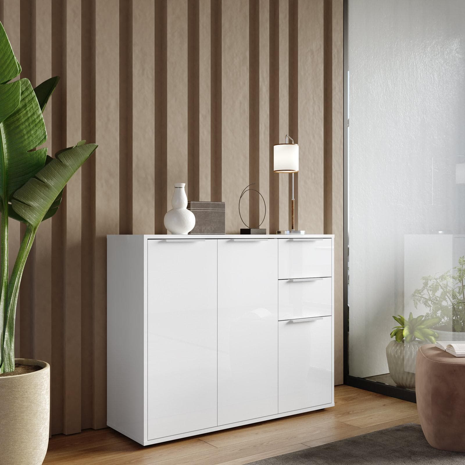 Mobile multiuso 106x87h cm bianco lucido con 3 ante e 2 cassetti - Delhi